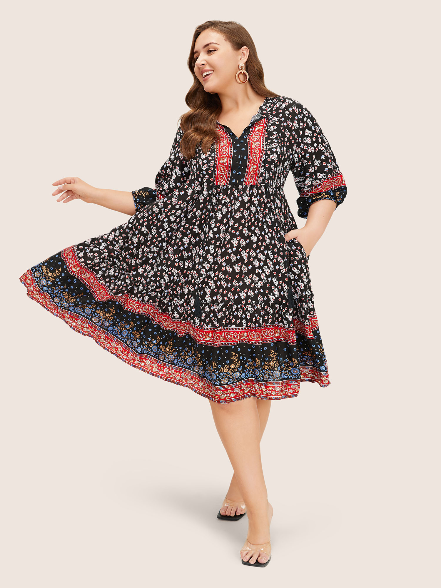 

Plus Size Bandana Tassels Lantern Sleeve Ruffle Pocket Keyhole Neck Dress Multicolor Women Resort V-neck Elbow-length sleeve Curvy Midi Dress BloomChic