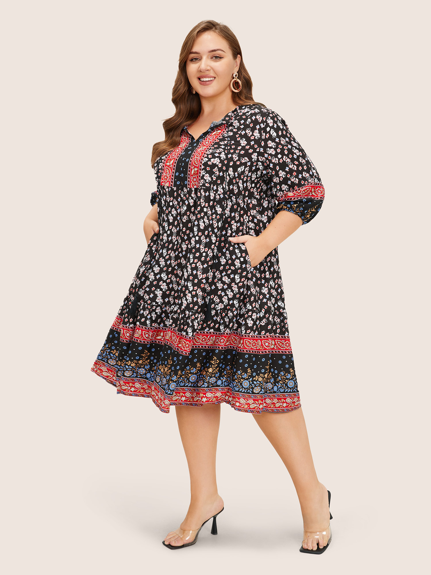 

Plus Size Bandana Tassels Lantern Sleeve Ruffle Pocket Keyhole Neck Dress Multicolor Women Resort V-neck Elbow-length sleeve Curvy Midi Dress BloomChic