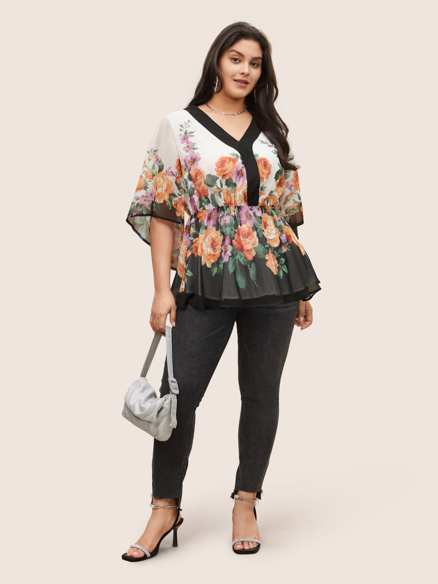 

Plus Size Multicolor Floral Contrast Trim Elastic Waist Flutter Sleeve Blouse Women Cocktail Half Sleeve V-neck Party Blouses BloomChic