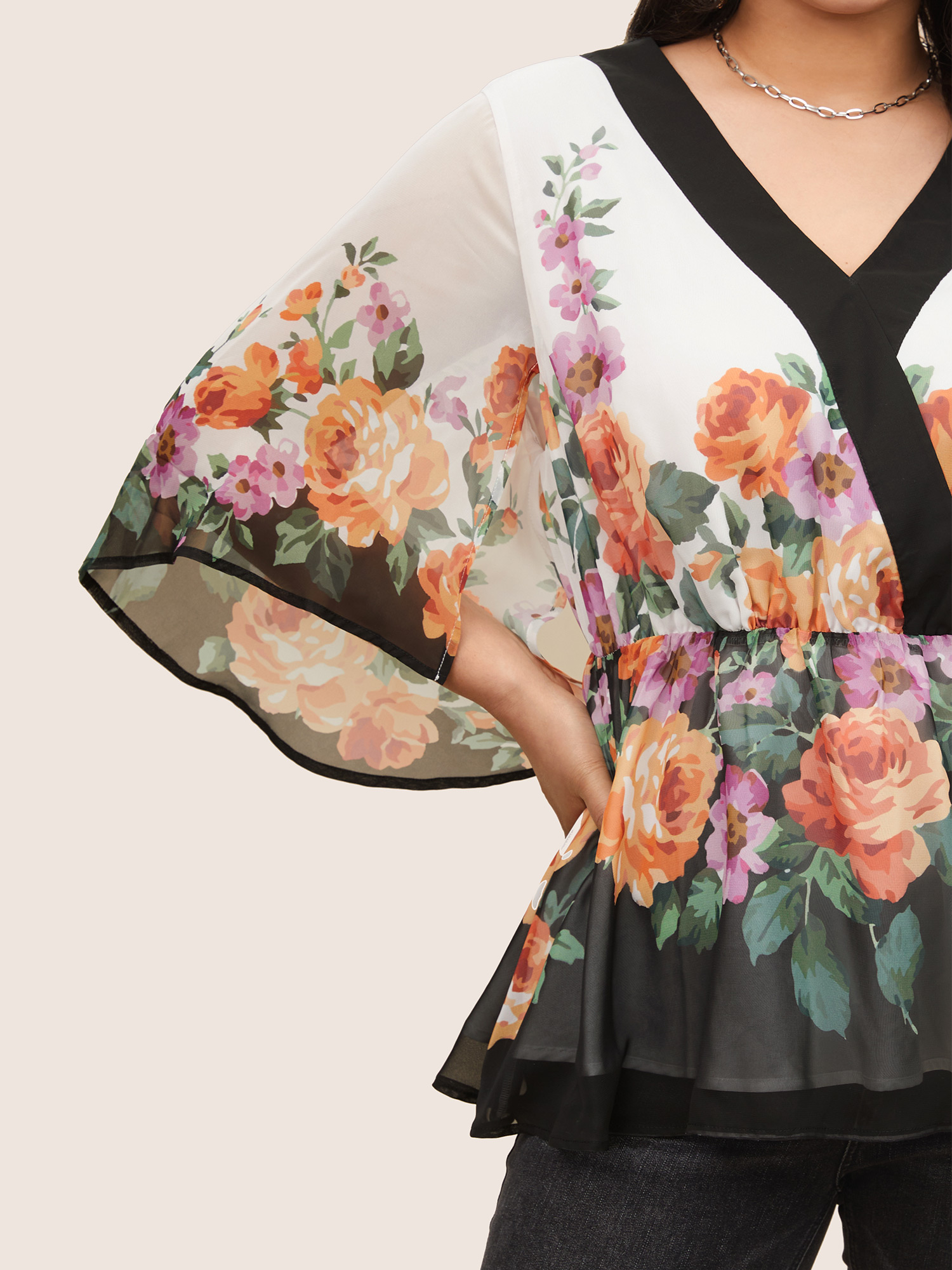 Plus Size Multicolor Floral Contrast Trim Elastic Waist Flutter Sleeve Blouse Women Cocktail Half Sleeve V-neck Party Blouses BloomChic 10/M 