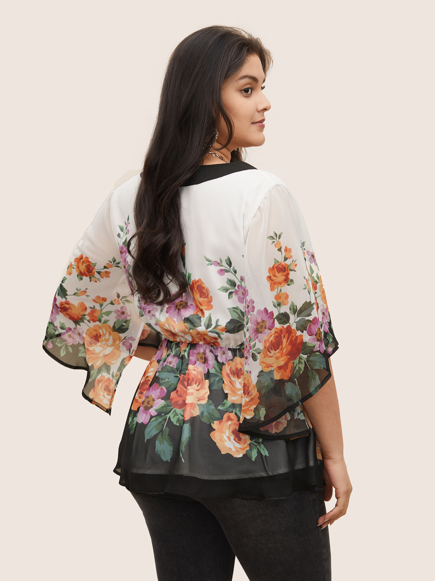 Plus Size Multicolor Floral Contrast Trim Elastic Waist Flutter Sleeve Blouse Women Cocktail Half Sleeve V-neck Party Blouses BloomChic 10/M 