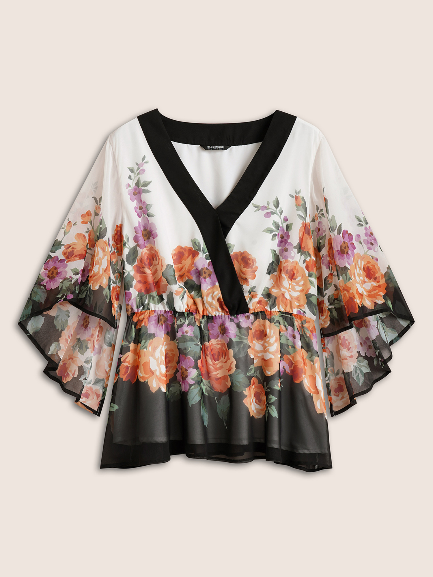 Plus Size Multicolor Floral Contrast Trim Elastic Waist Flutter Sleeve Blouse Women Cocktail Half Sleeve V-neck Party Blouses BloomChic 10/M 