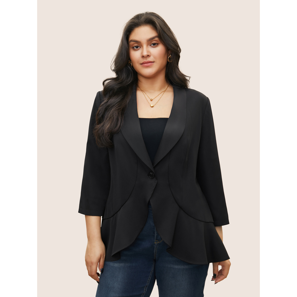 

Plus Size Anti-Wrinkle Solid Patchwork Ruffles Blazer Black Women Work Plain Non Sleeve Elbow-length sleeve Suit Collar  At the Office Blazers BloomChic