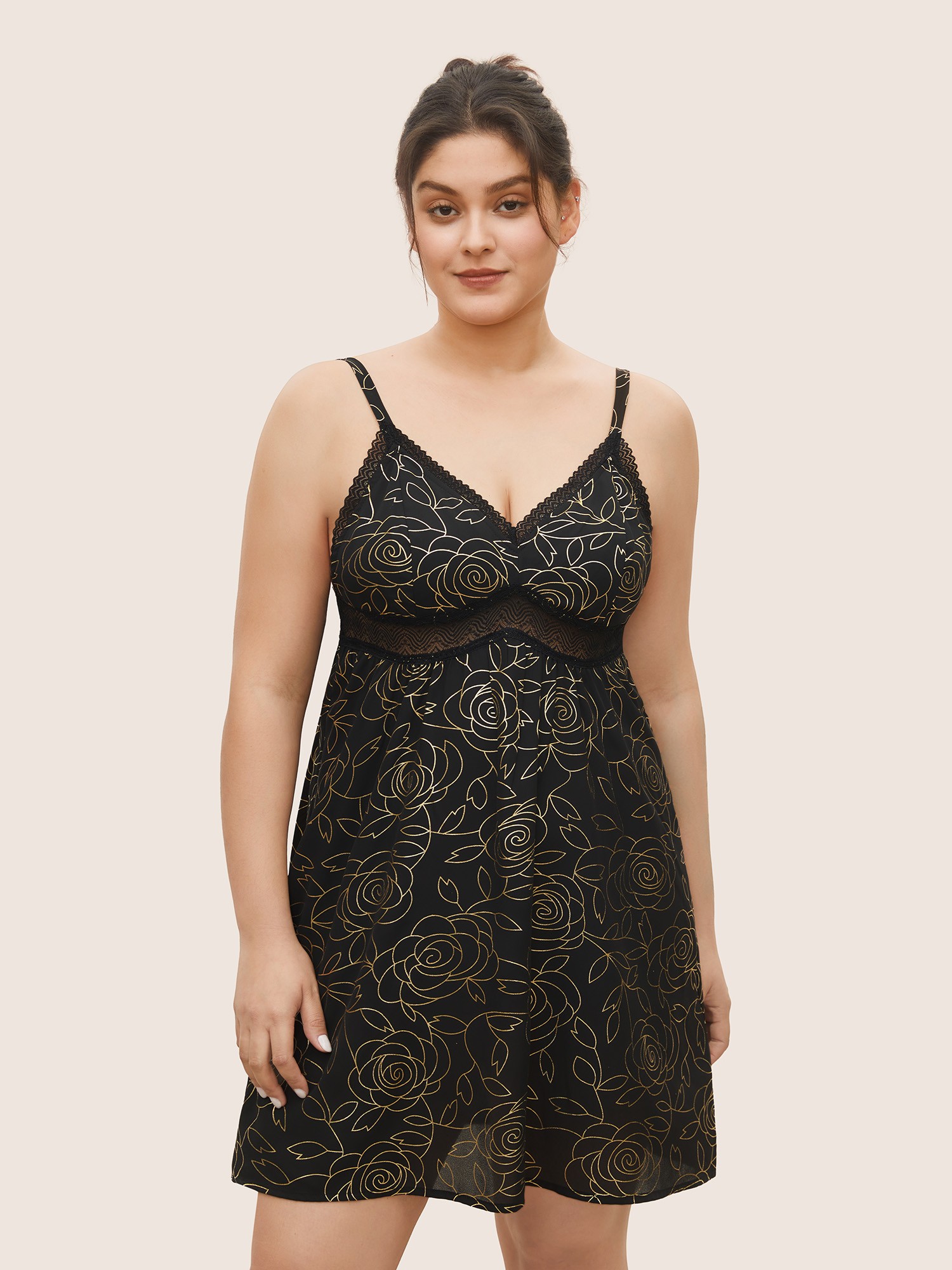 

Plus Size Floral Glitter Lace Patchwork Cut Out Sleep Dress Black Sleeveless Deep V-neck Lounge Everyday  Bloomchic