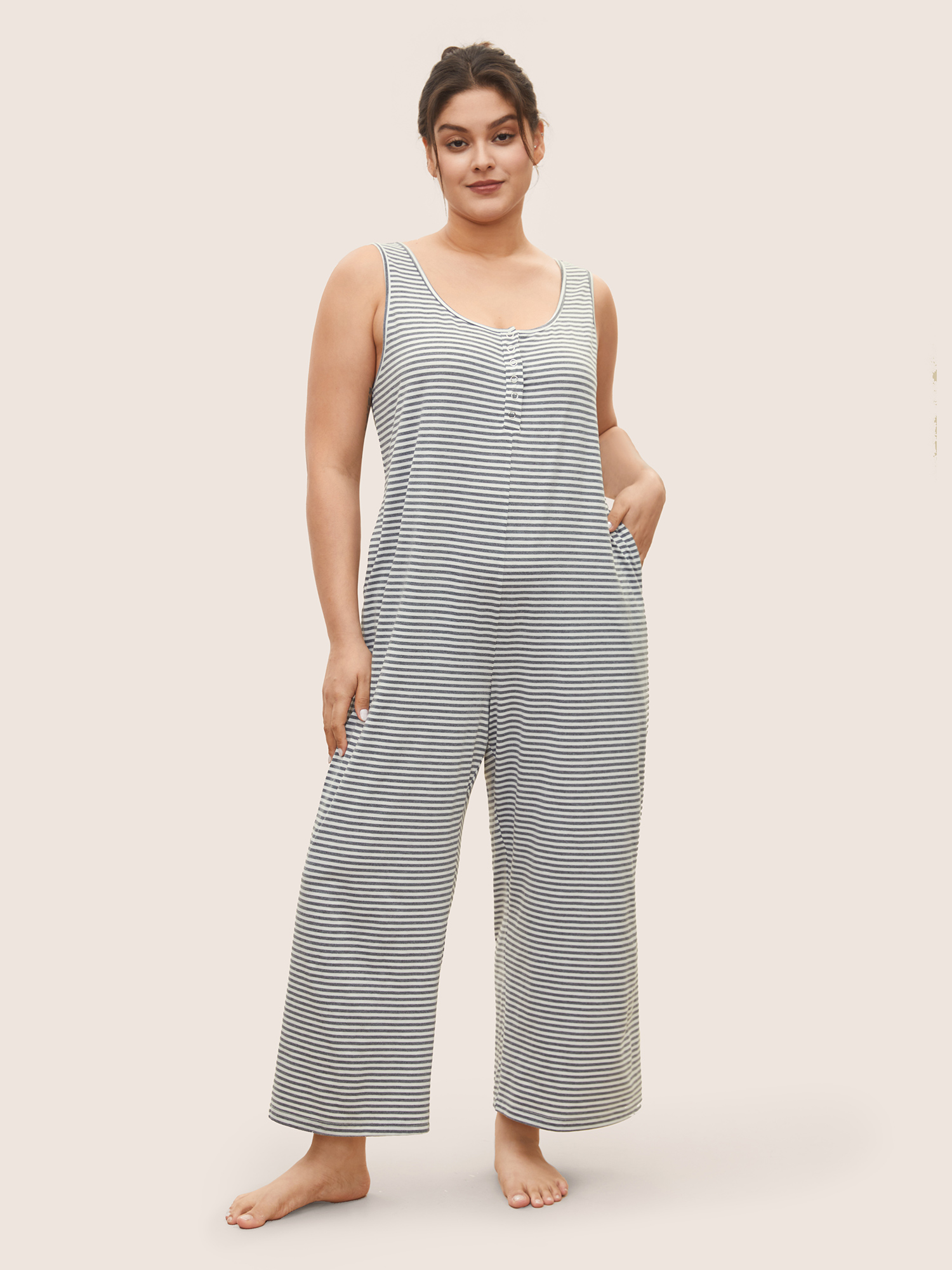 

Plus Size Striped Button Up Pocket Sleep Jumpsuit DimGray Slanted pocket Non Everyday Lounge Sleep Jumpsuits/Rompers  Bloomchic