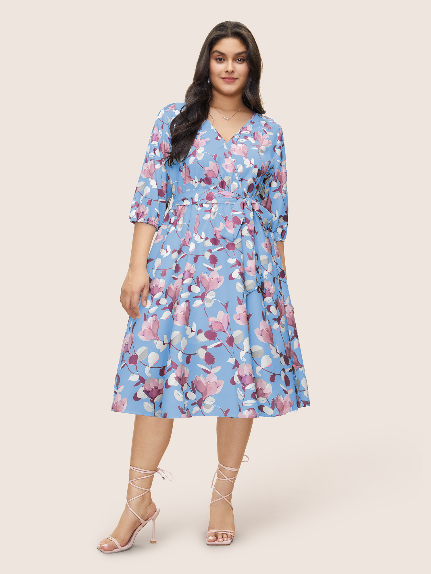 

Plus Size Floral Print Shirred Overlap Collar Belted Dress LightBlue Women Non Curvy Midi Dress BloomChic