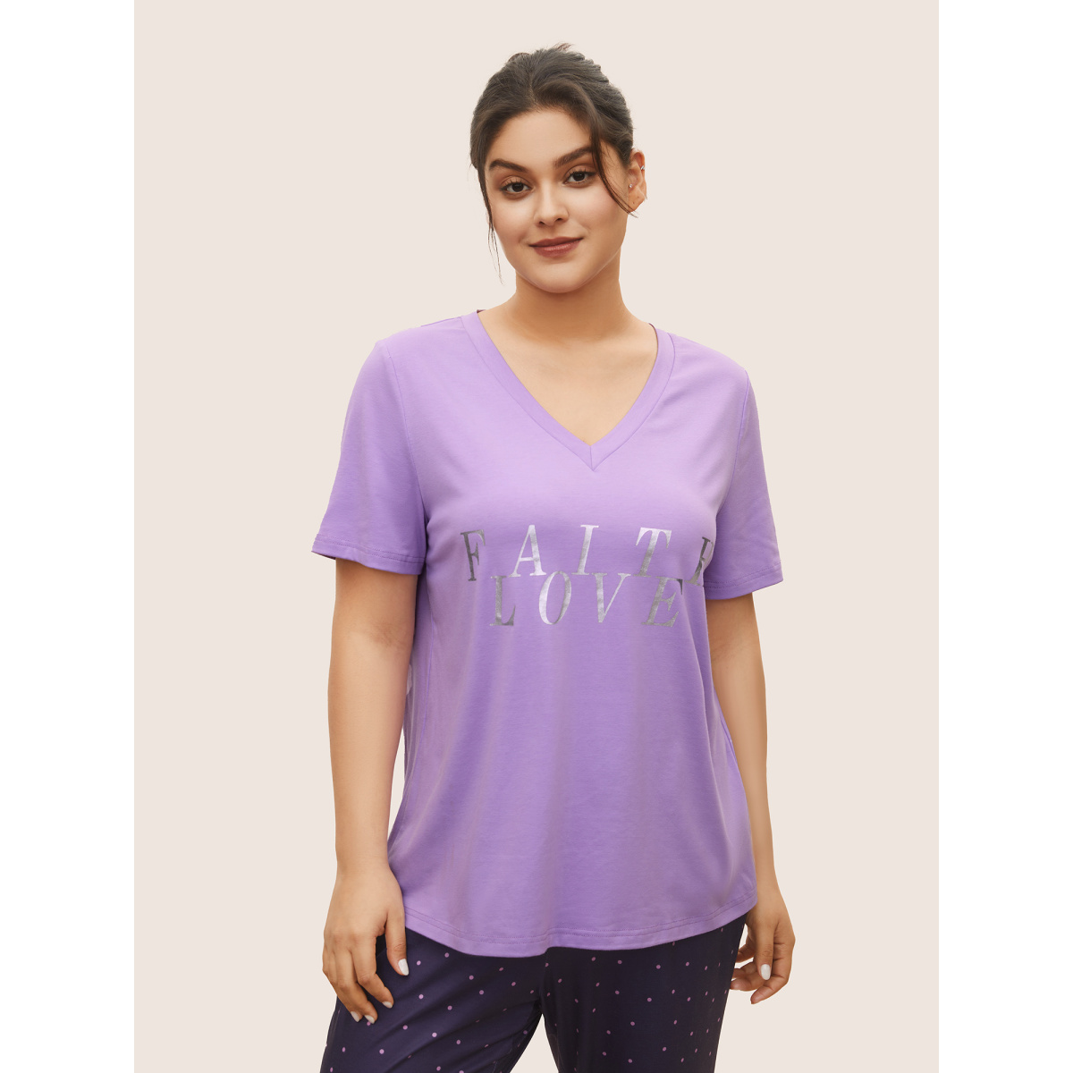 

Plus Size Letter Print Glitter Crew Neck Sleep Top Lilac Letter Short sleeve V-neck Everyday Lounge  Bloomchic