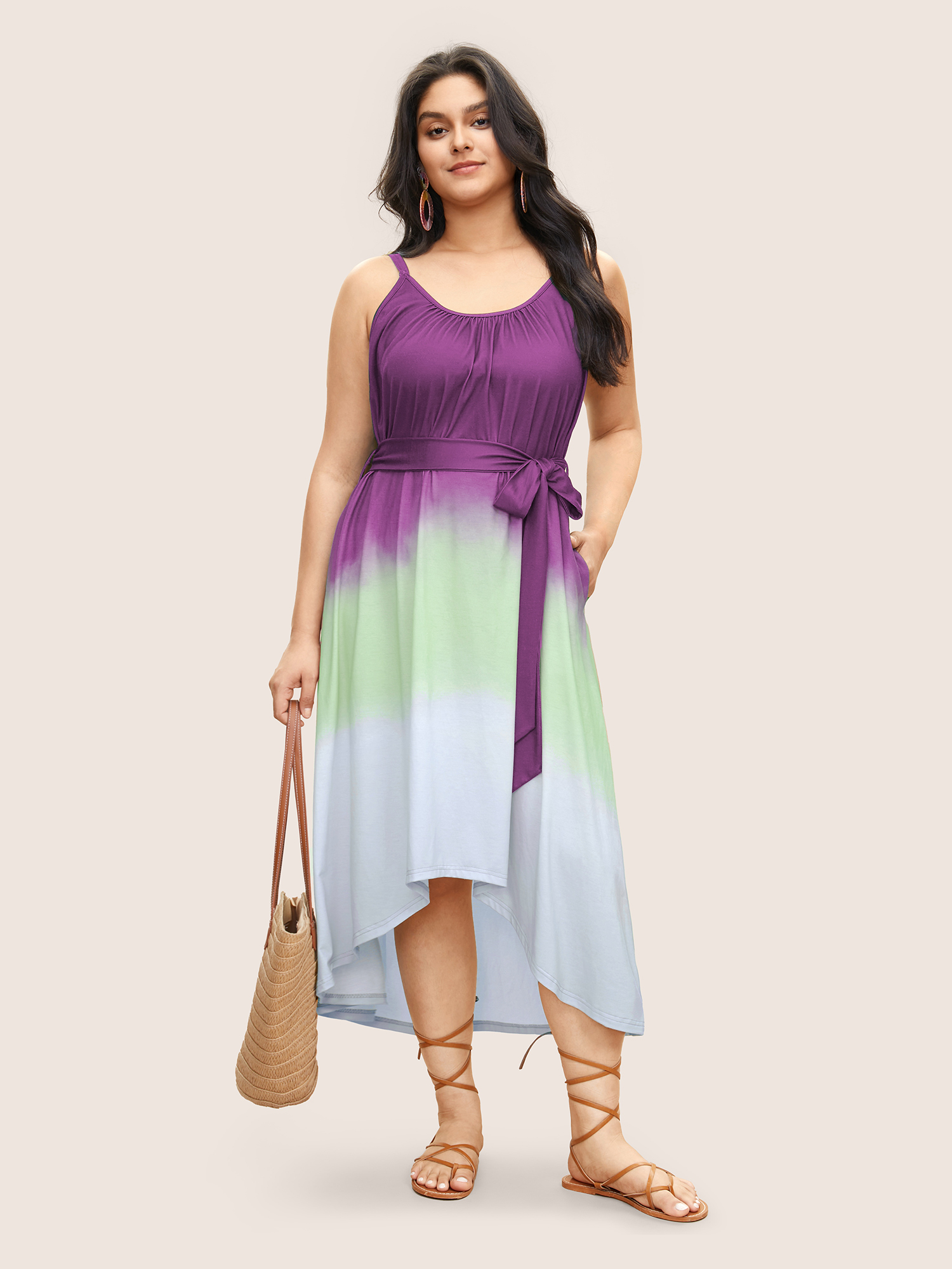 

Plus Size Tie Dye Belted Gathered Asymmetrical Hem Dress Purple Women Resort Non V-neck Sleeveless Curvy Midi Dress BloomChic