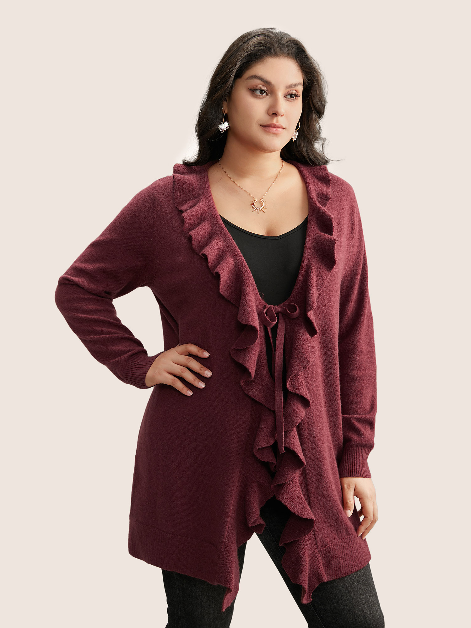 

Plus Size Supersoft Essentials Solid Ruffle Trim Ties Cardigan Scarlet Women Elegant Everyday Cardigans BloomChic