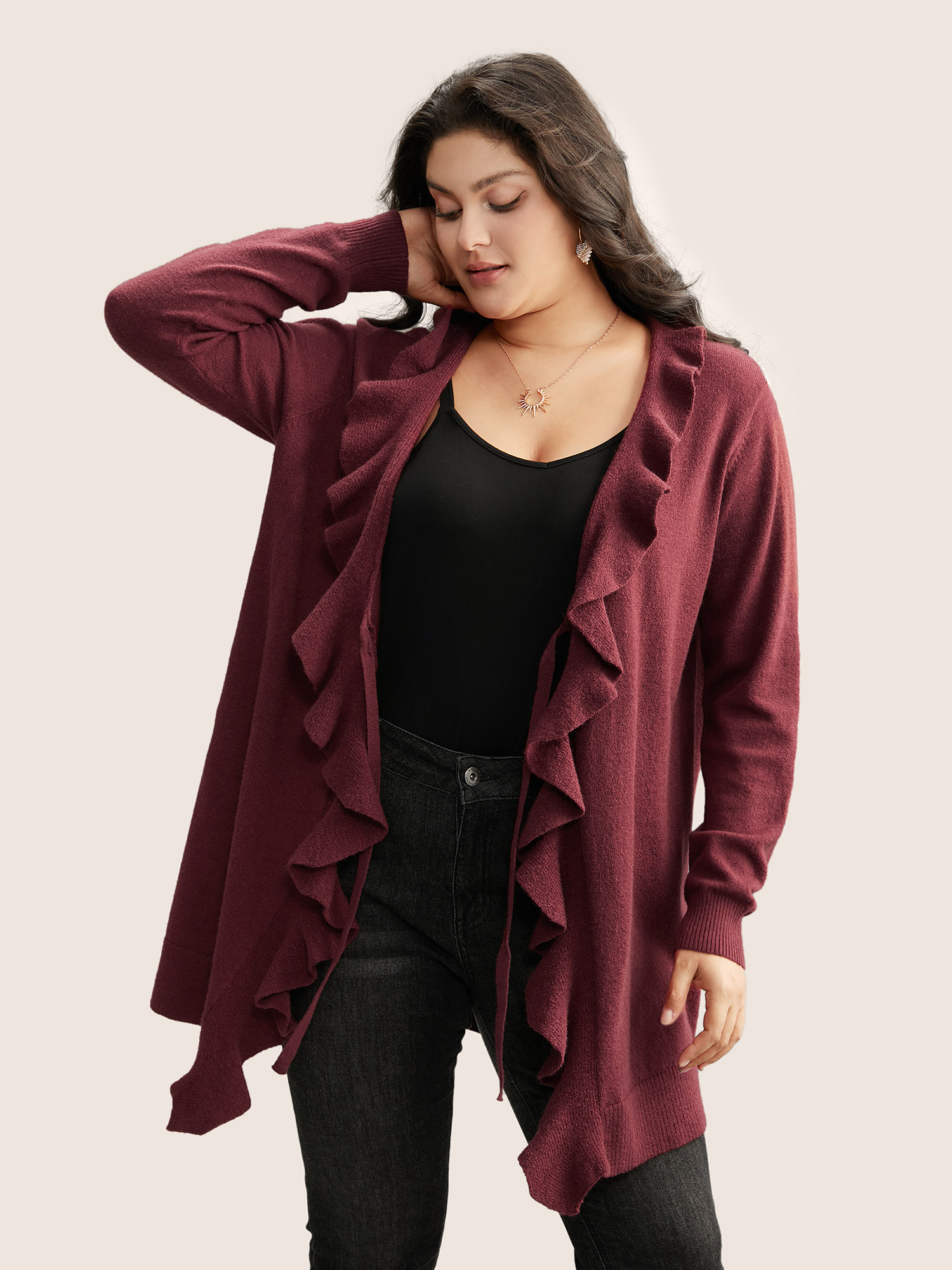 

Plus Size Supersoft Essentials Solid Ruffle Trim Ties Cardigan Scarlet Women Elegant Long Sleeve Everyday Cardigans BloomChic