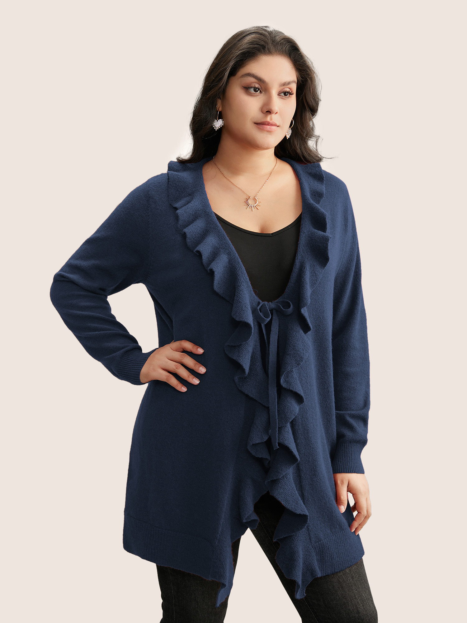 

Plus Size Supersoft Essentials Solid Ruffle Trim Ties Cardigan Indigo Women Elegant Long Sleeve Everyday Cardigans BloomChic