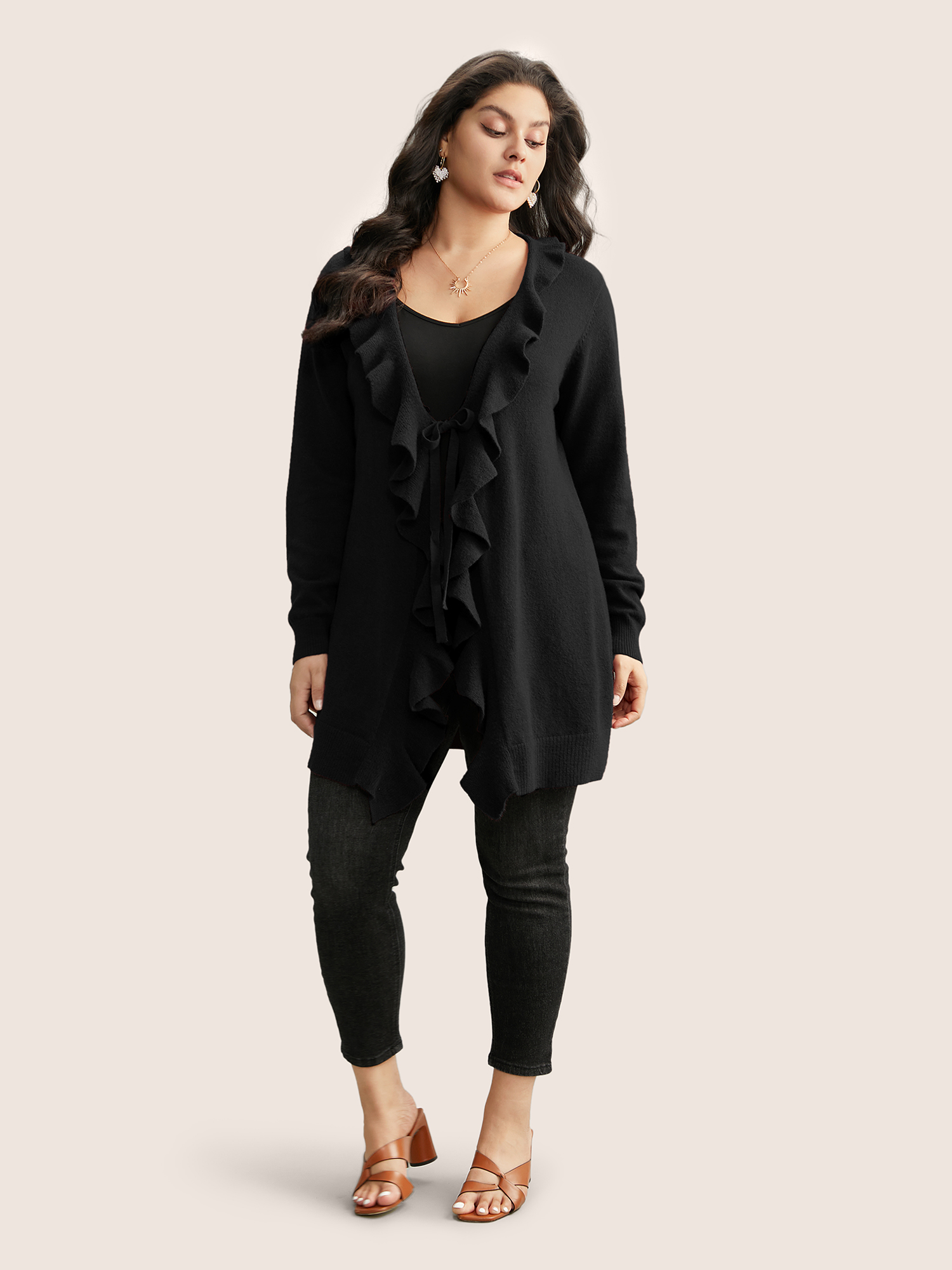 

Plus Size Supersoft Essentials Solid Ruffle Trim Ties Cardigan Black Women Elegant Everyday Cardigans BloomChic