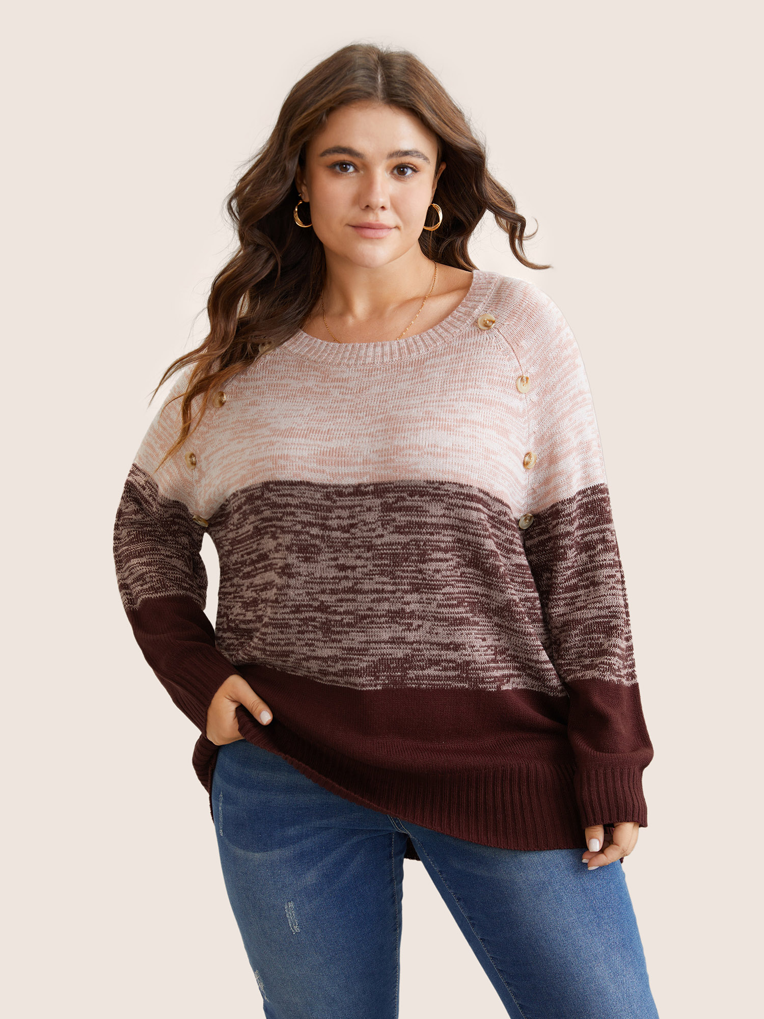

Plus Size Colorblock Contrast Heather Button Detail Pullover Maroon Women Casual Long Sleeve Round Neck Everyday Pullovers BloomChic