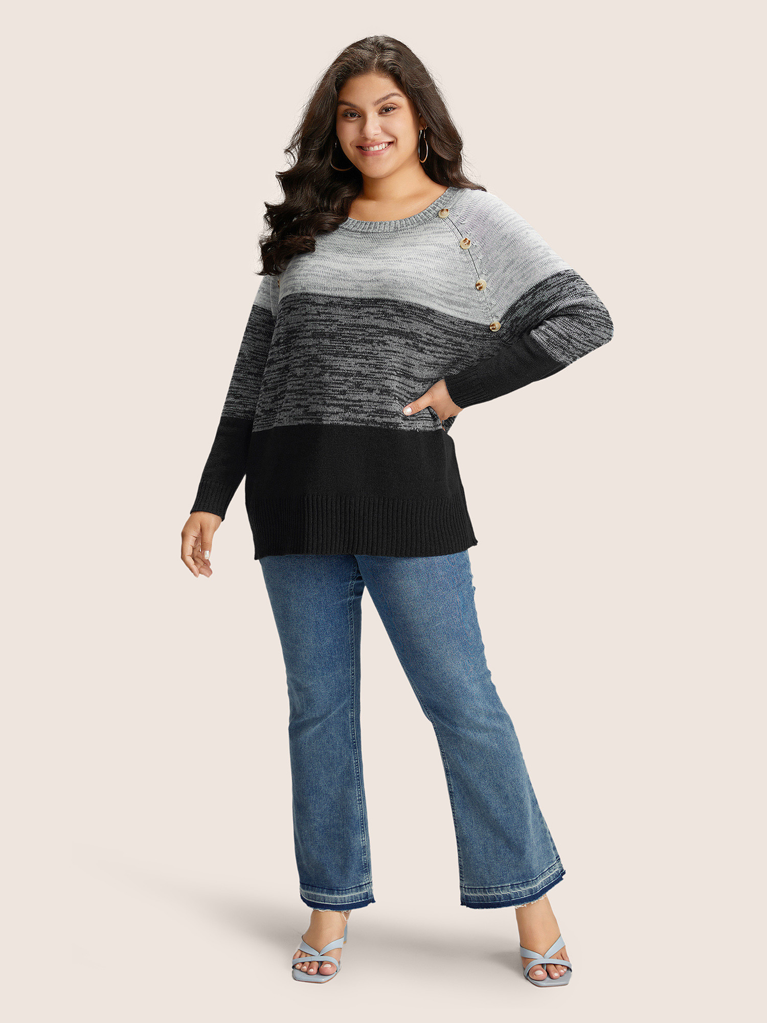 

Plus Size Colorblock Contrast Heather Button Detail Pullover Black Women Casual Long Sleeve Round Neck Everyday Pullovers BloomChic