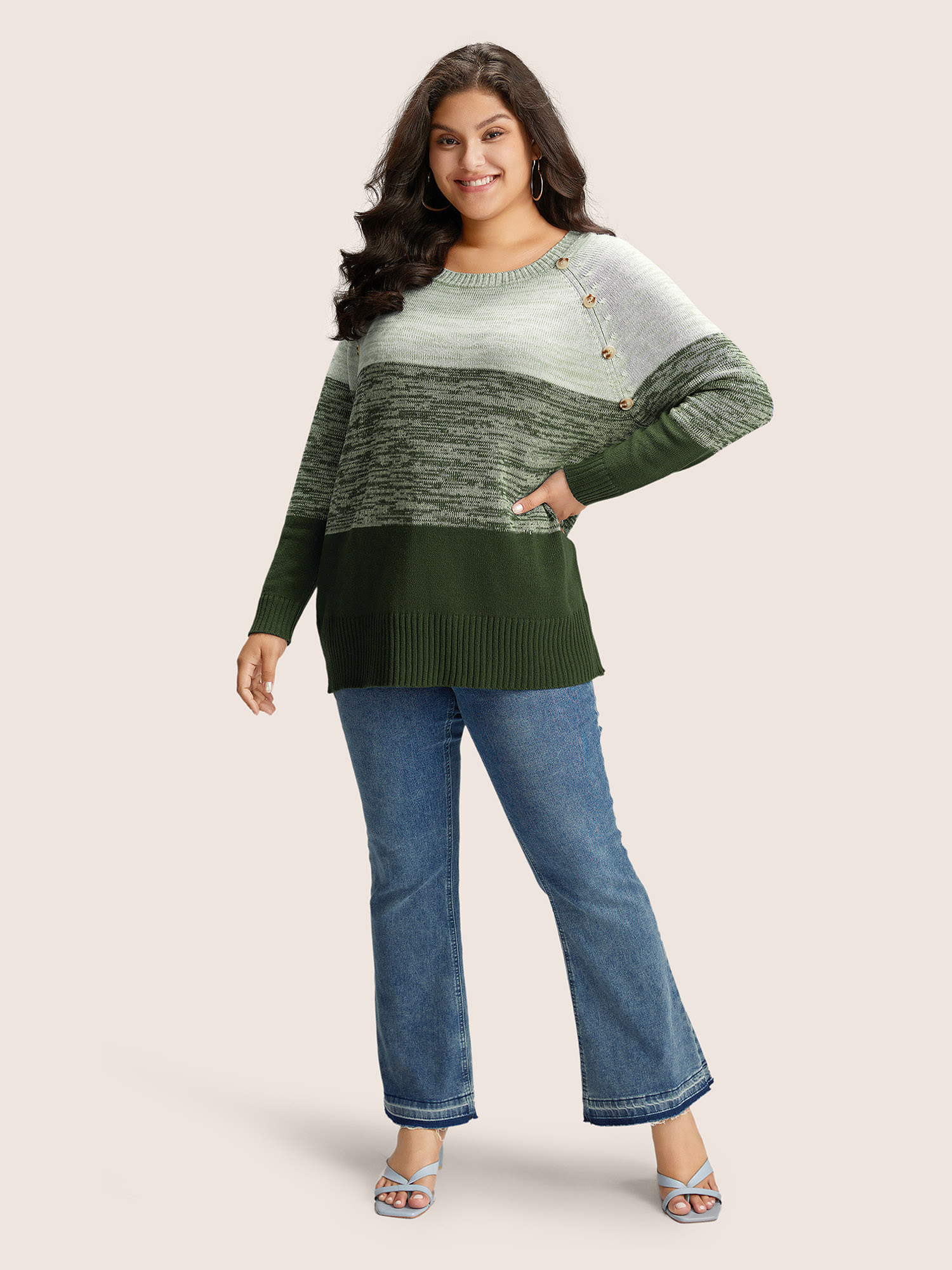 

Plus Size Colorblock Contrast Heather Button Detail Pullover DarkGreen Women Casual Long Sleeve Round Neck Everyday Pullovers BloomChic