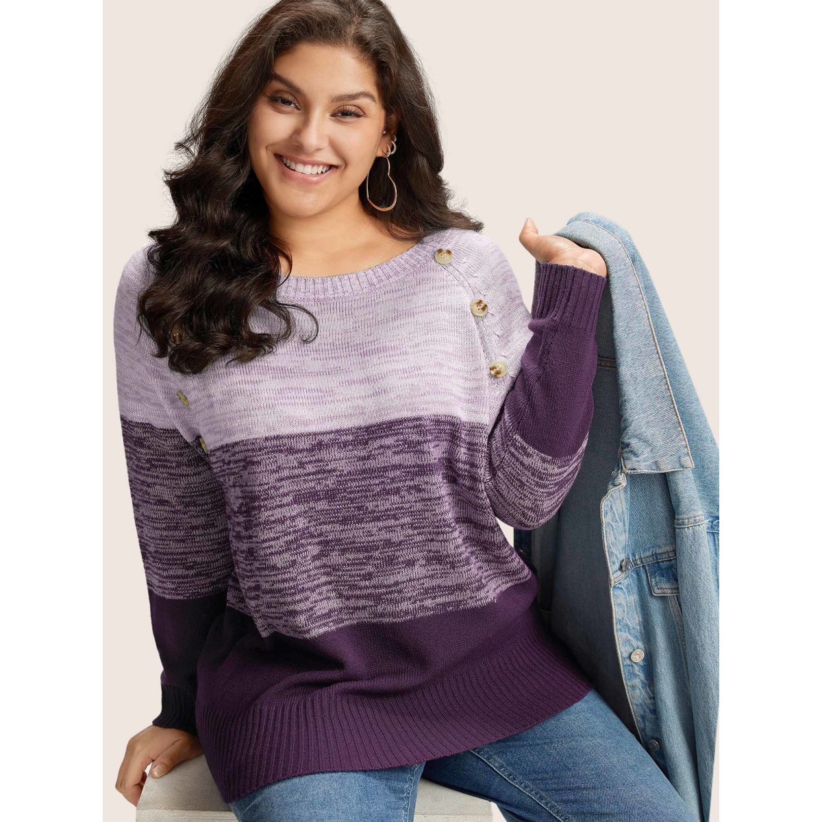 

Plus Size Colorblock Contrast Heather Button Detail Pullover Purple Women Casual Long Sleeve Round Neck Everyday Pullovers BloomChic