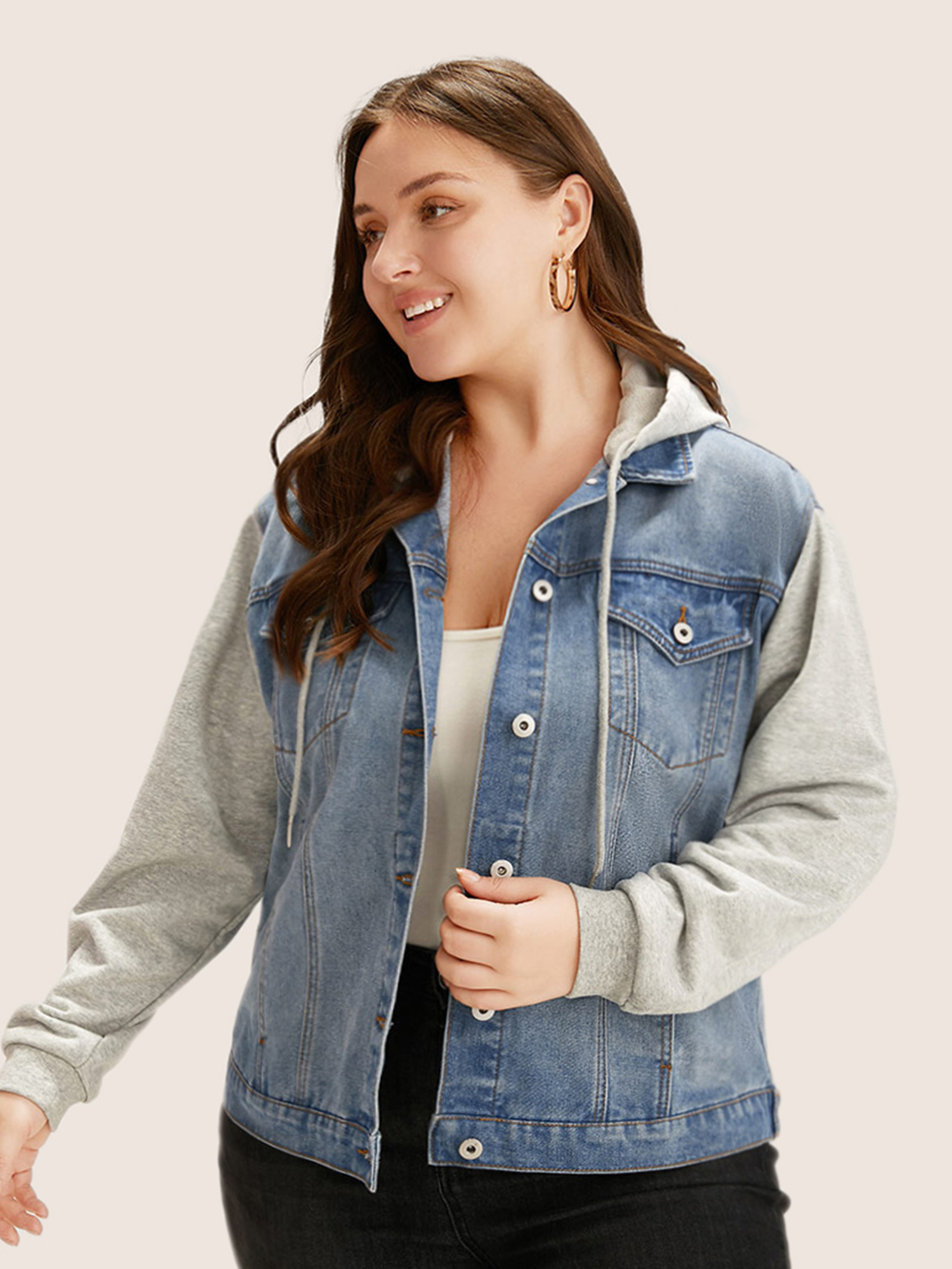 

Women Hooded Patchwork Flap Pocket Denim Jacket Stone Plus Size Plain Contrast Everyday Slanted pocket Casual Denim Jackets BloomChic