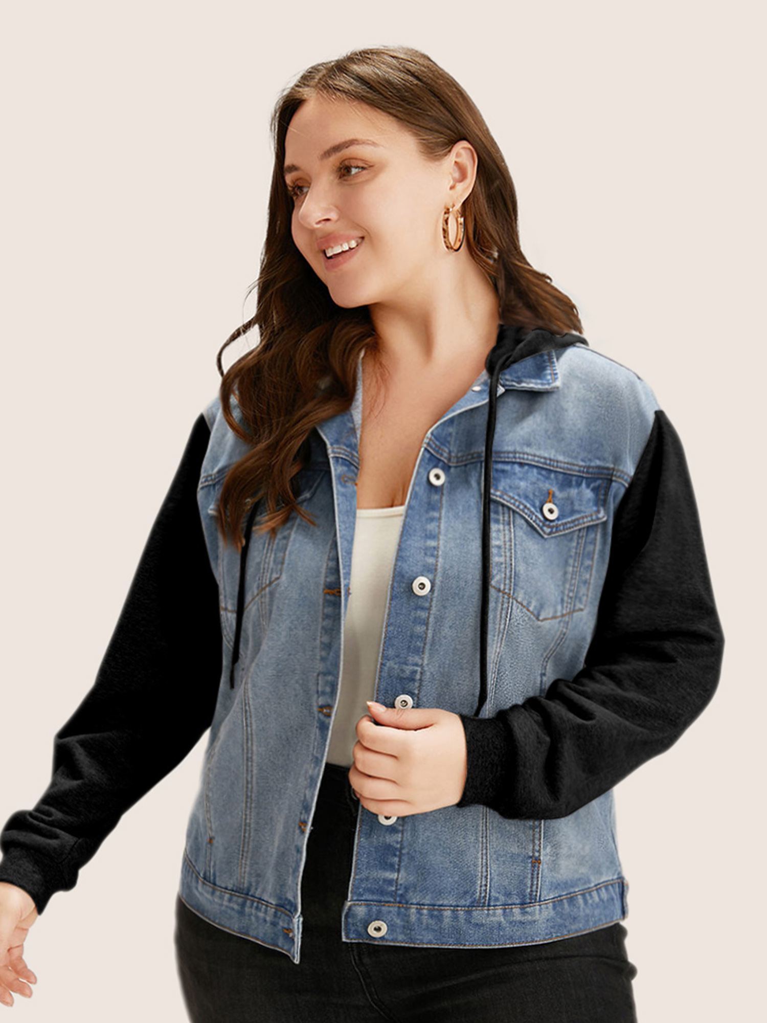 

Women Hooded Patchwork Flap Pocket Denim Jacket Black Plus Size Plain Contrast Everyday Slanted pocket Casual Denim Jackets BloomChic