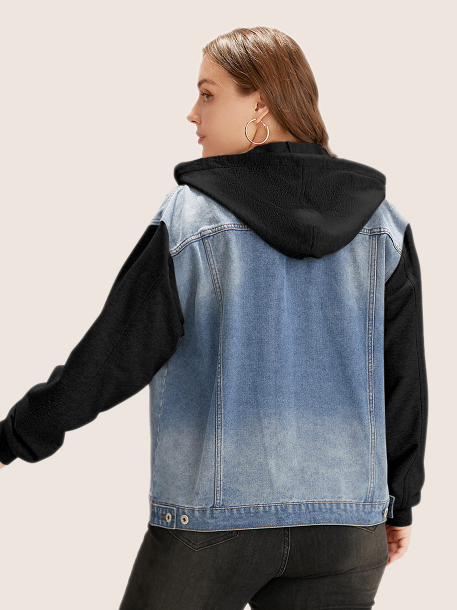 Women Hooded Patchwork Flap Pocket Denim Jacket Black Plus Size Plain Contrast Everyday Slanted pocket Casual Denim Jackets BloomChic 28/5X 