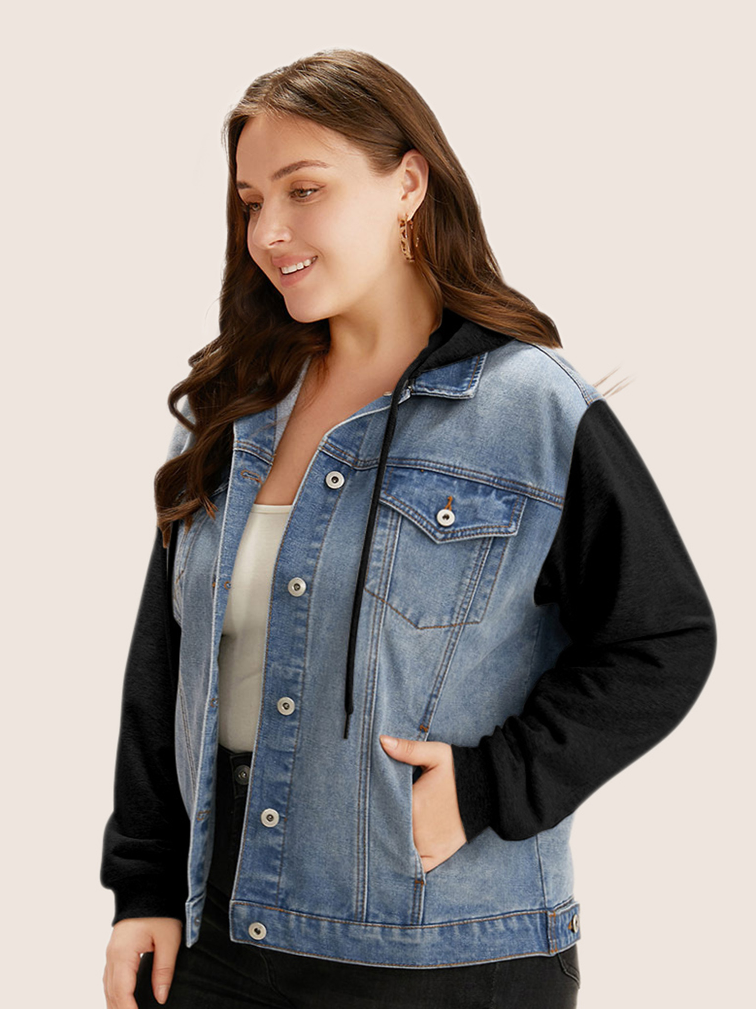 Women Hooded Patchwork Flap Pocket Denim Jacket Black Plus Size Plain Contrast Everyday Slanted pocket Casual Denim Jackets BloomChic 28/5X 