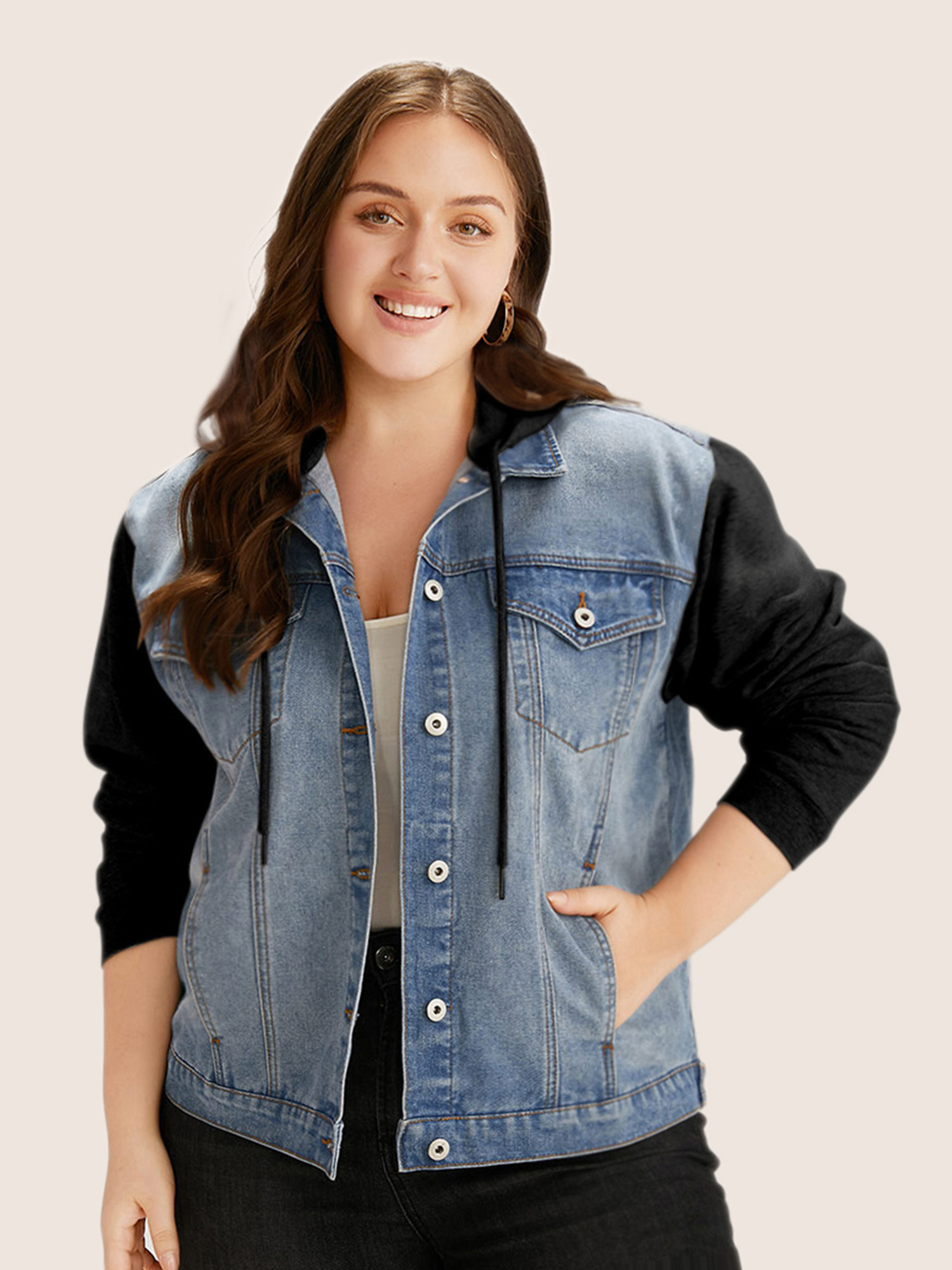 Women Hooded Patchwork Flap Pocket Denim Jacket Black Plus Size Plain Contrast Everyday Slanted pocket Casual Denim Jackets BloomChic 28/5X 