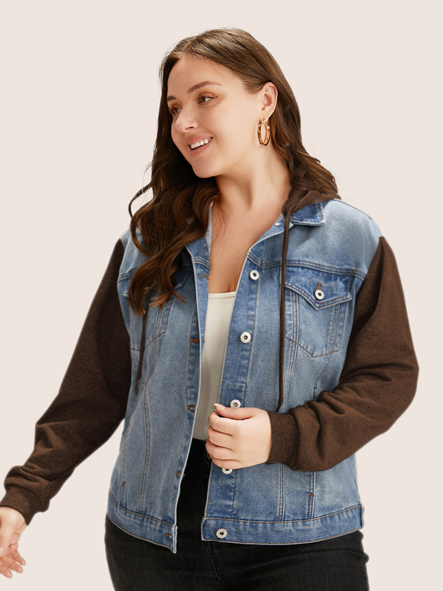 

Women Hooded Patchwork Flap Pocket Denim Jacket DarkBrown Plus Size Plain Contrast Everyday Slanted pocket Casual Denim Jackets BloomChic