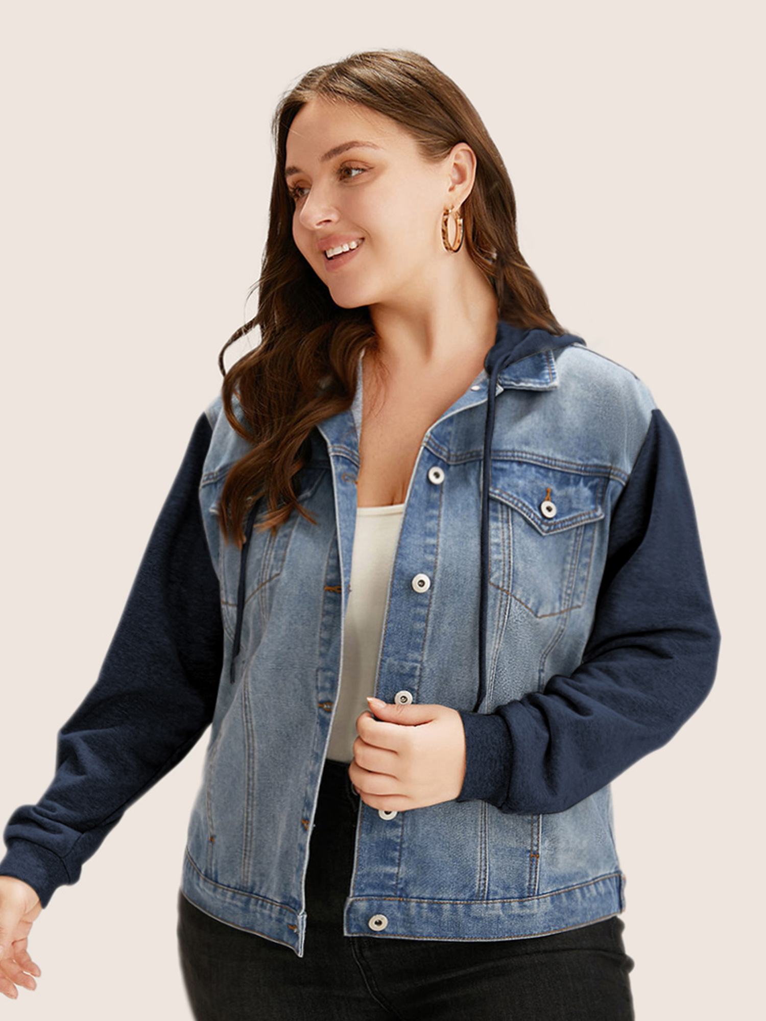 

Women Hooded Patchwork Flap Pocket Denim Jacket Indigo Plus Size Plain Contrast Everyday Slanted pocket Casual Denim Jackets BloomChic