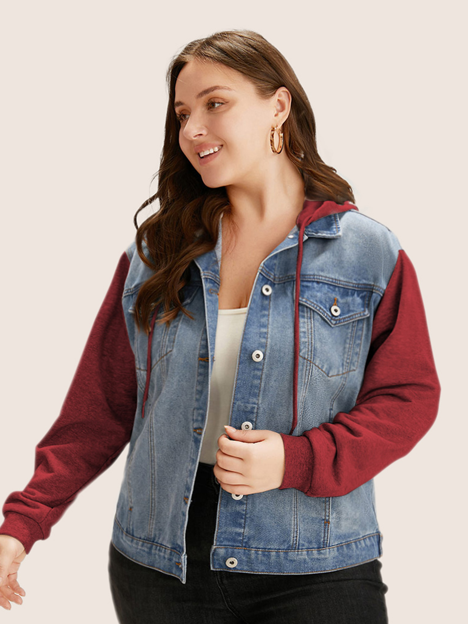 

Women Hooded Patchwork Flap Pocket Denim Jacket Raspberry Plus Size Plain Contrast Everyday Slanted pocket Casual Denim Jackets BloomChic