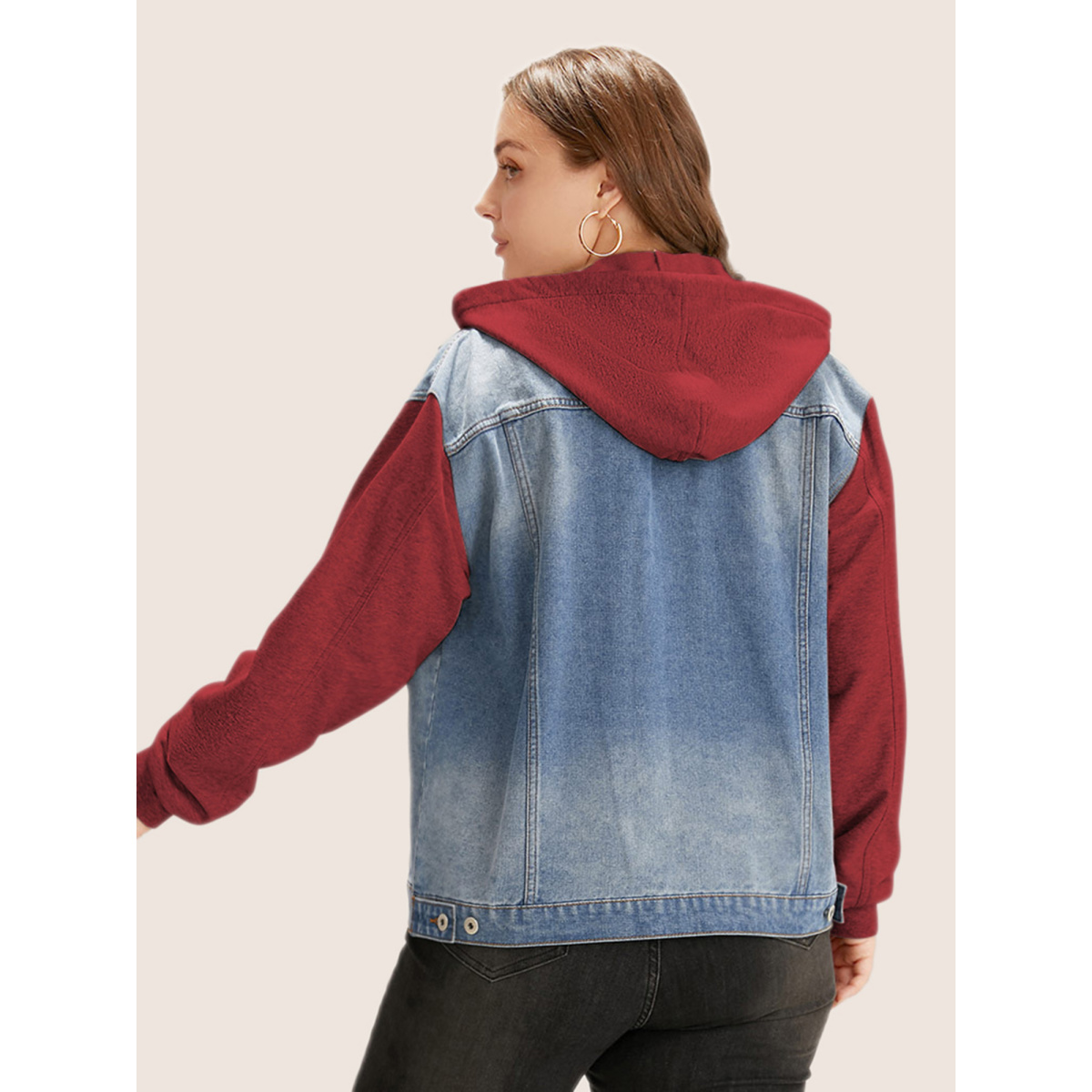 

Women Hooded Patchwork Flap Pocket Denim Jacket Raspberry Plus Size Plain Contrast Everyday Slanted pocket Casual Denim Jackets BloomChic
