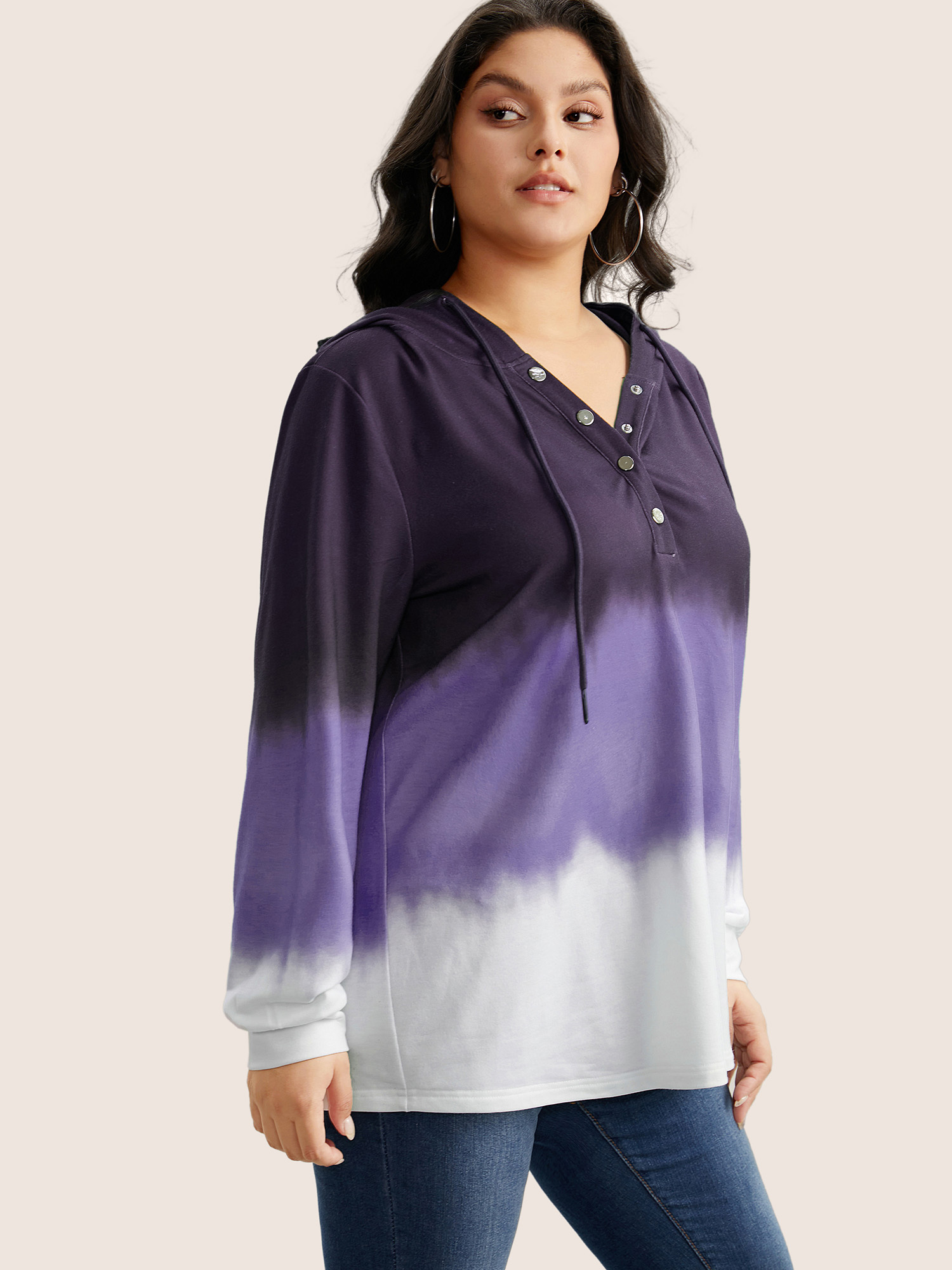 

Plus Size Tie Dye Button Up Hooded Drawstring Sweatshirt Women Eggplant Casual Button Hooded Everyday Sweatshirts BloomChic