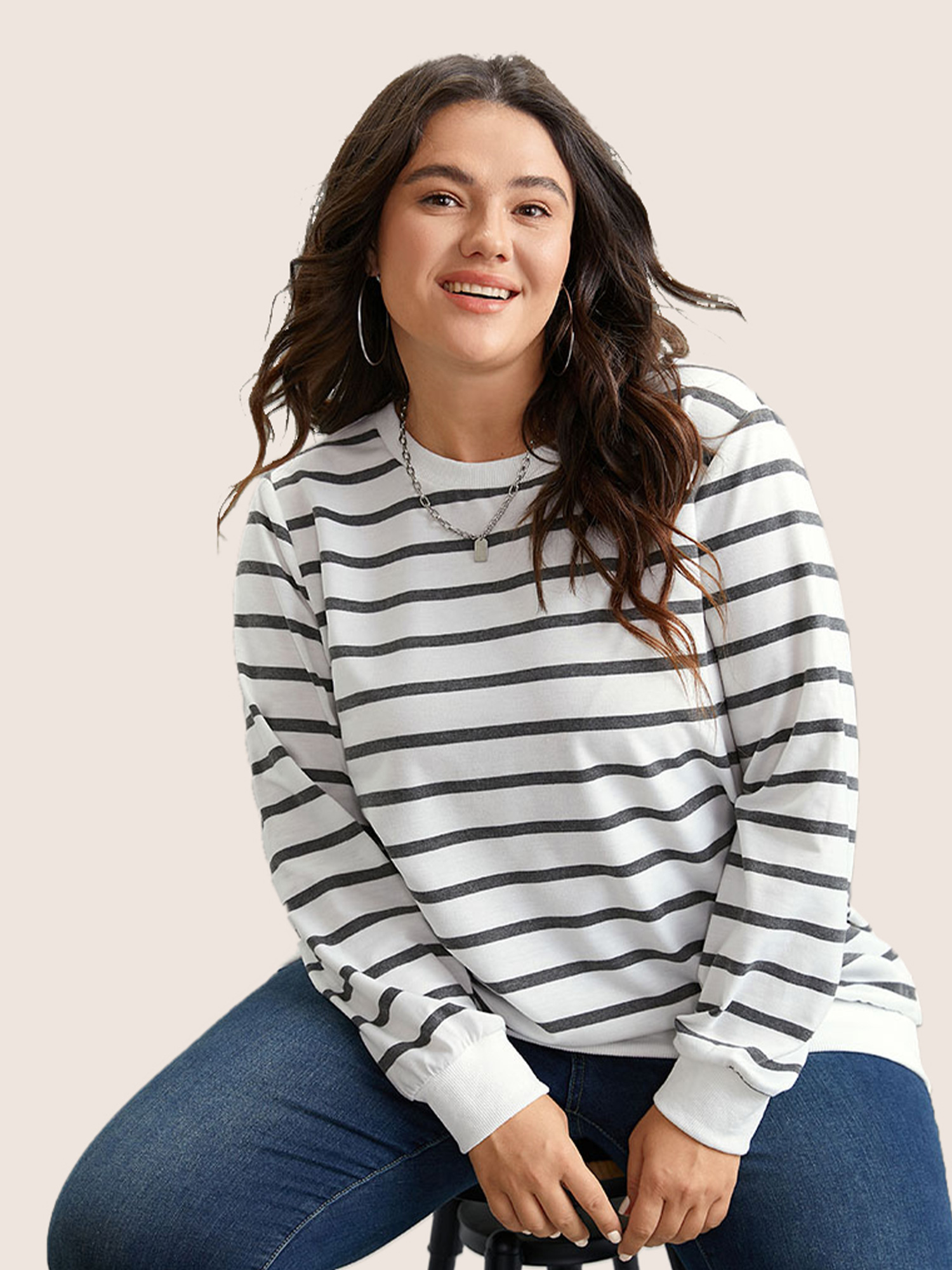 

Plus Size Rib Knit Striped Round Neck Sweatshirt Women White Casual Non Round Neck Everyday Sweatshirts BloomChic