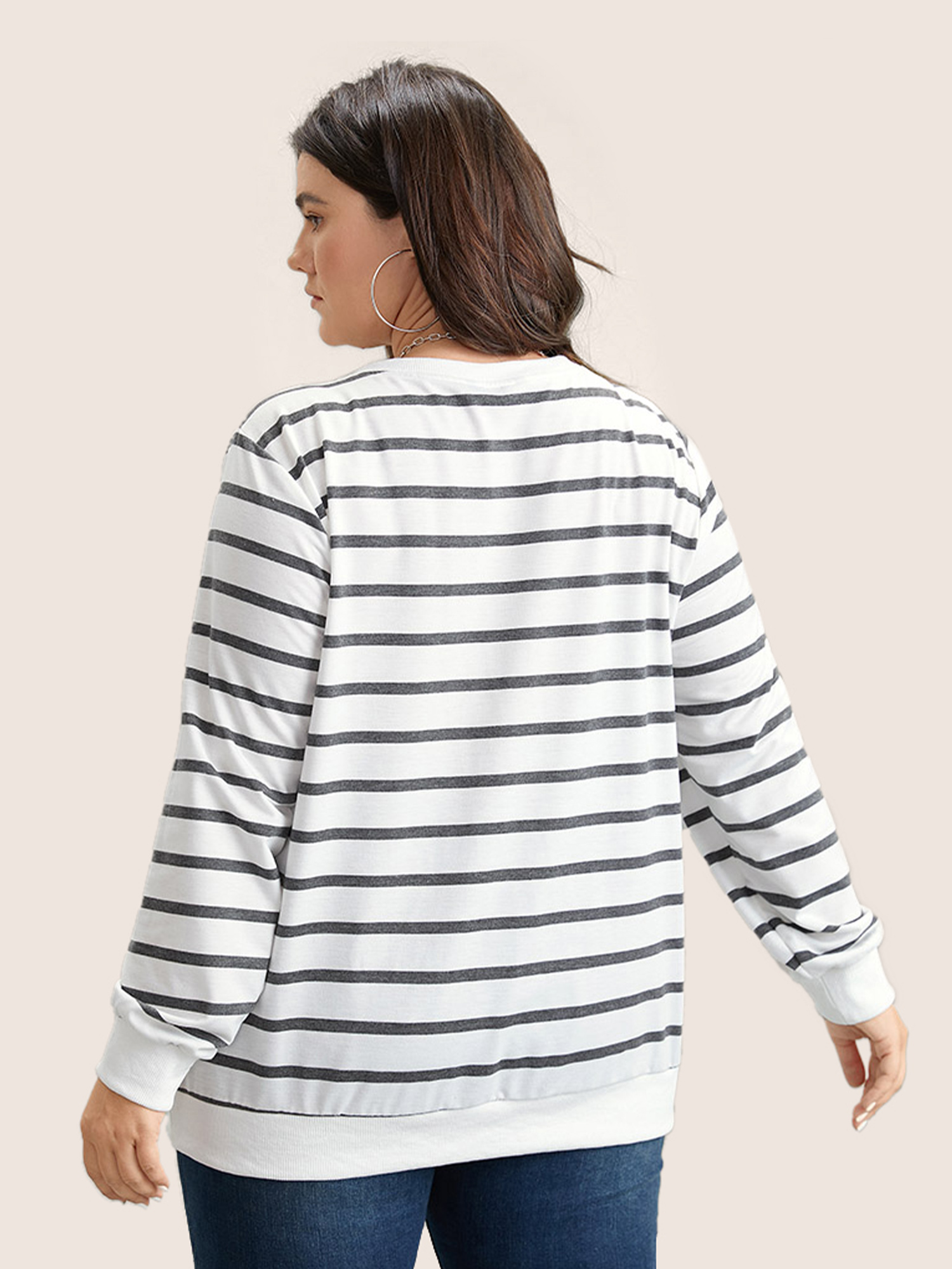 Plus Size Rib Knit Striped Round Neck Sweatshirt Women White Casual Non Round Neck Everyday Sweatshirts BloomChic 30/6X 