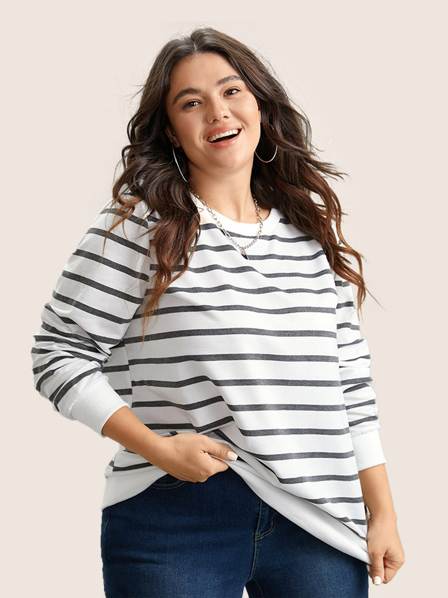 Plus Size Rib Knit Striped Round Neck Sweatshirt Women White Casual Non Round Neck Everyday Sweatshirts BloomChic 30/6X 