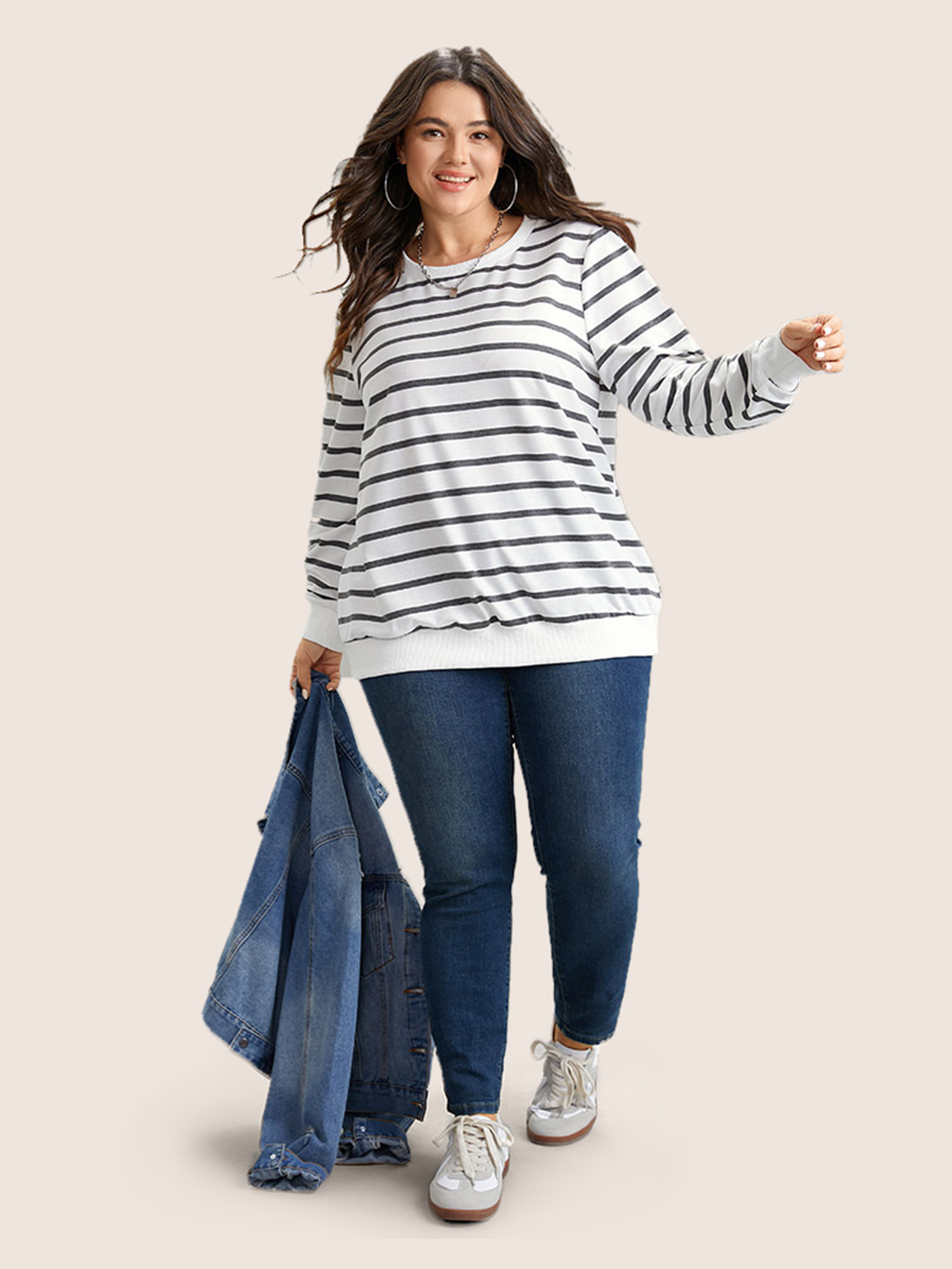 Plus Size Rib Knit Striped Round Neck Sweatshirt Women White Casual Non Round Neck Everyday Sweatshirts BloomChic 30/6X 