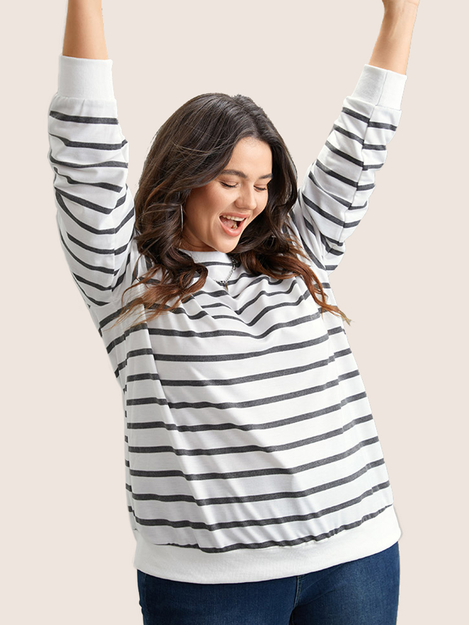 Plus Size Rib Knit Striped Round Neck Sweatshirt Women White Casual Non Round Neck Everyday Sweatshirts BloomChic 30/6X 