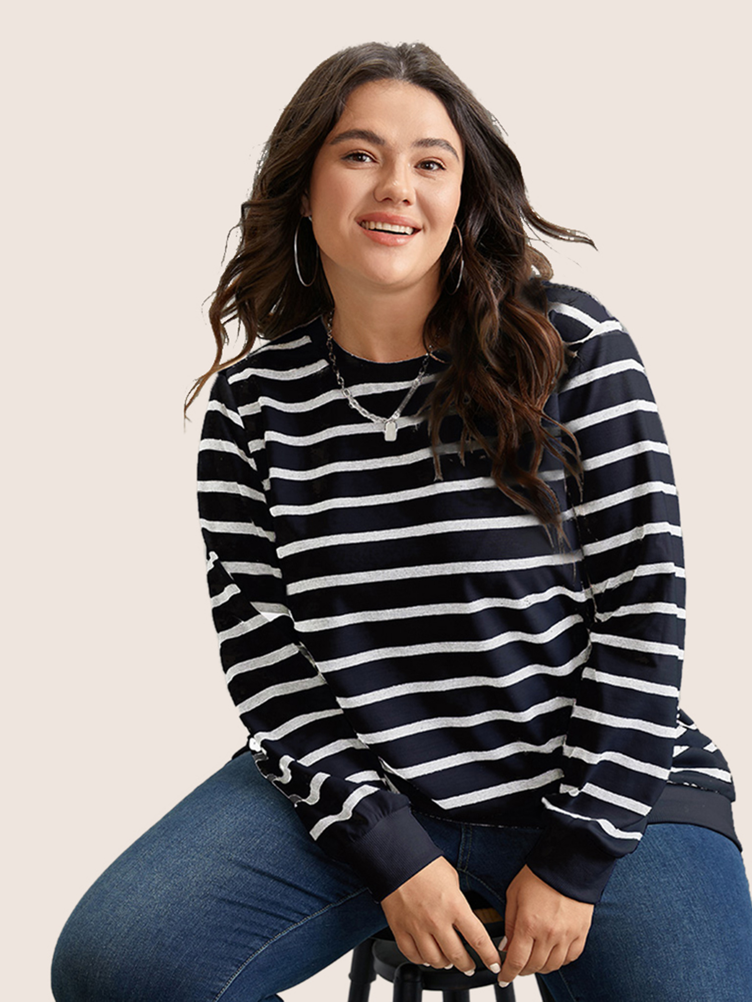 

Plus Size Rib Knit Striped Round Neck Sweatshirt Women Blue Casual Non Round Neck Everyday Sweatshirts BloomChic