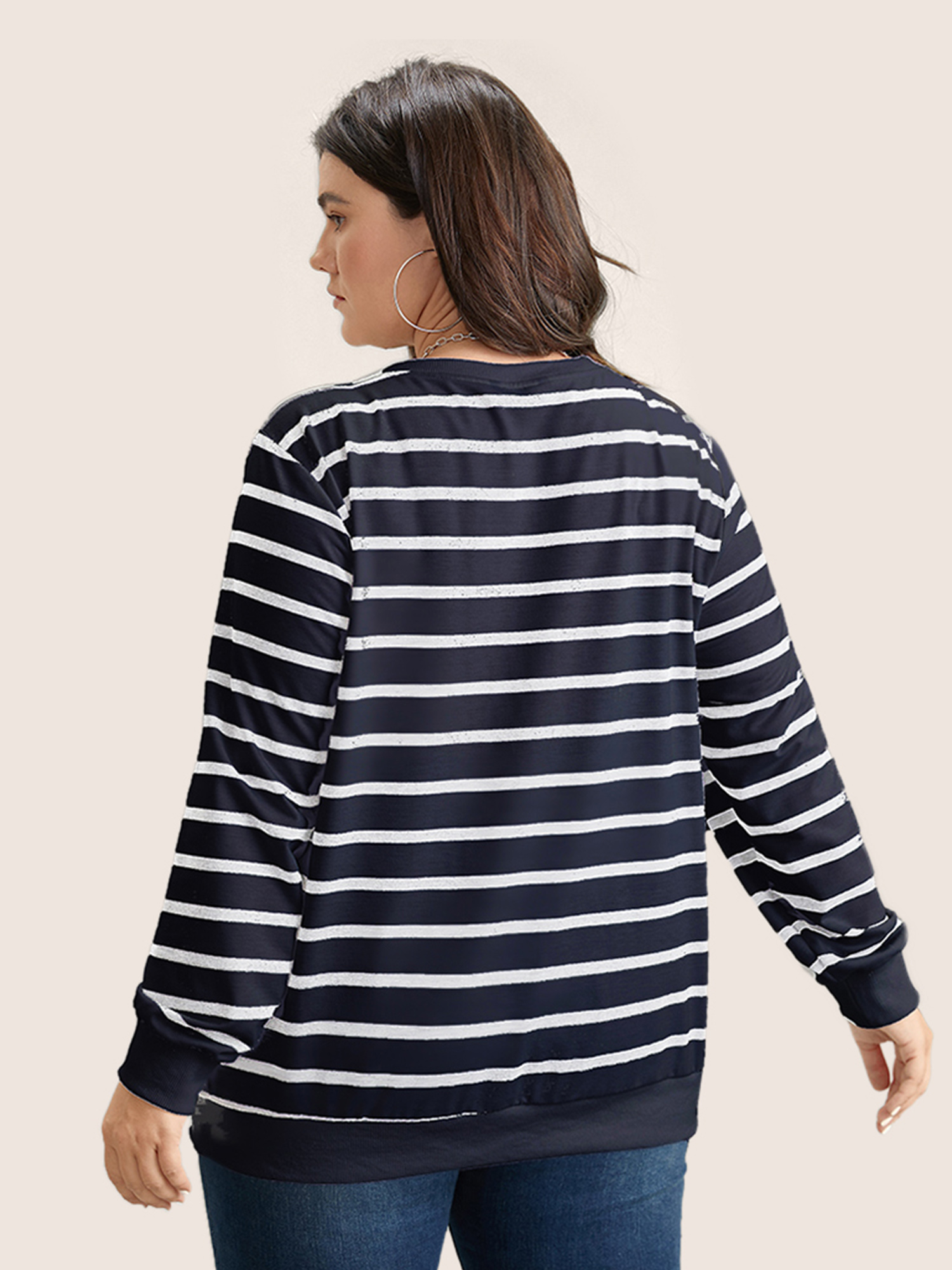 Plus Size Rib Knit Striped Round Neck Sweatshirt Women Blue Casual Non Round Neck Everyday Sweatshirts BloomChic 30/6X 