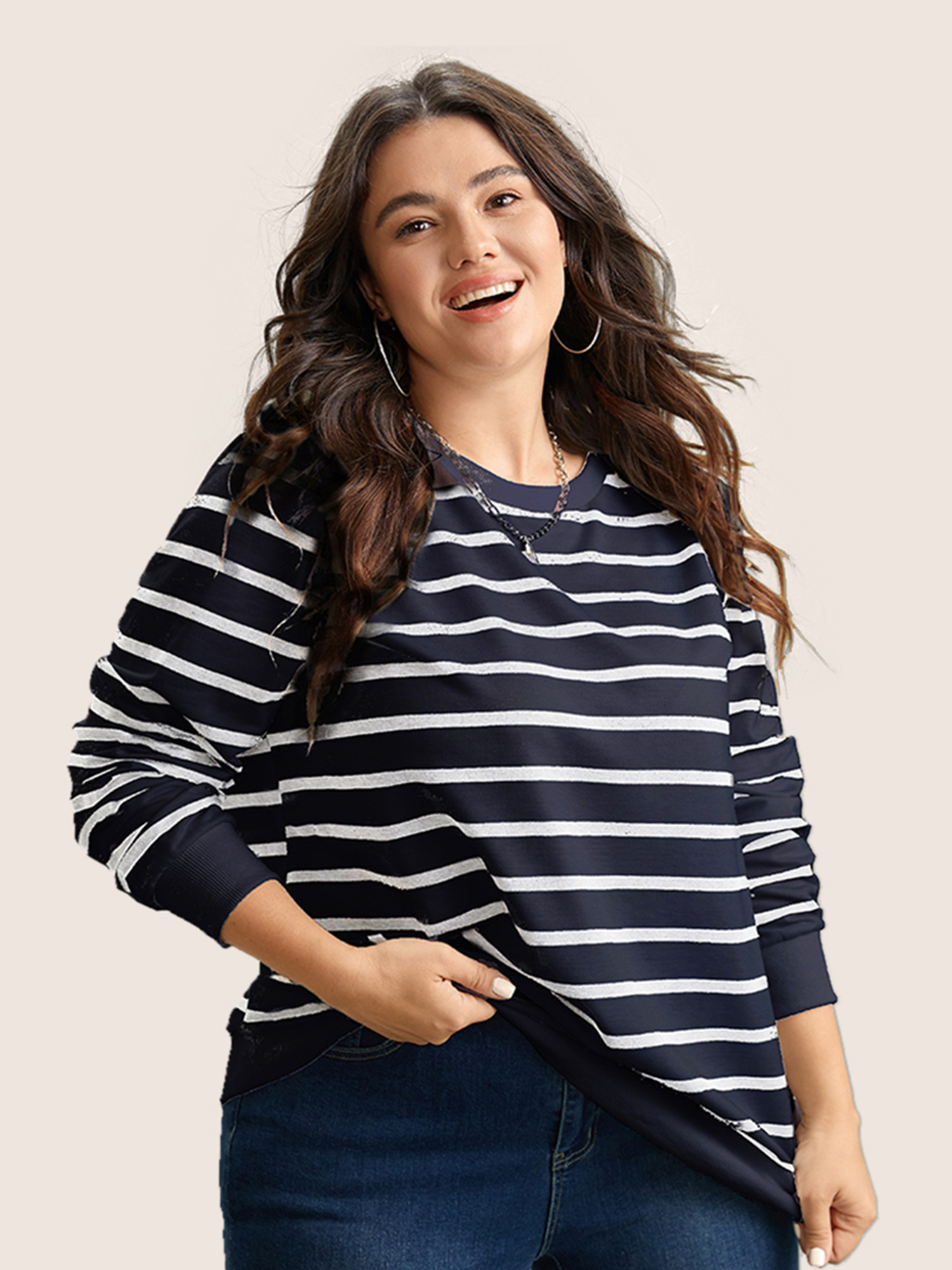Plus Size Rib Knit Striped Round Neck Sweatshirt Women Blue Casual Non Round Neck Everyday Sweatshirts BloomChic 30/6X 