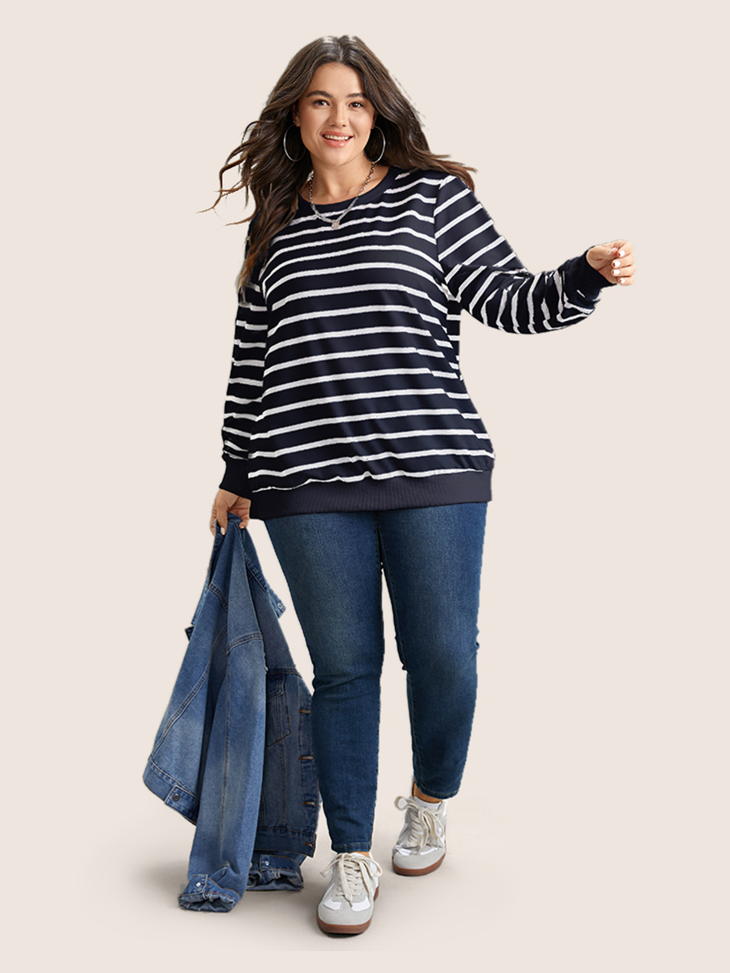 Plus Size Rib Knit Striped Round Neck Sweatshirt Women Blue Casual Non Round Neck Everyday Sweatshirts BloomChic 30/6X 