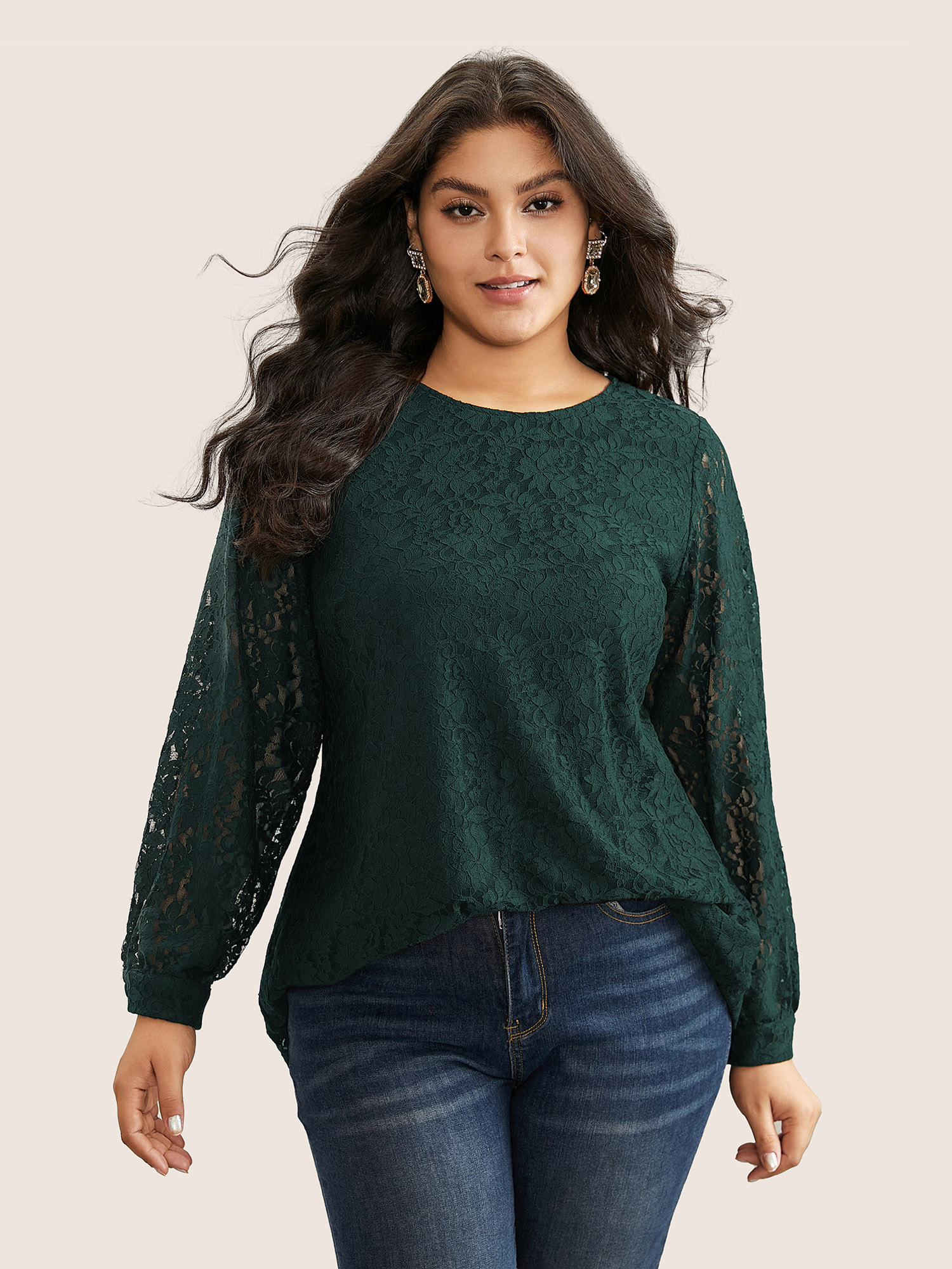 

Plus Size DarkGreen Solid Crochet Lace Mesh Crew Neck Blouse Women Cocktail Long Sleeve Round Neck Party Blouses BloomChic