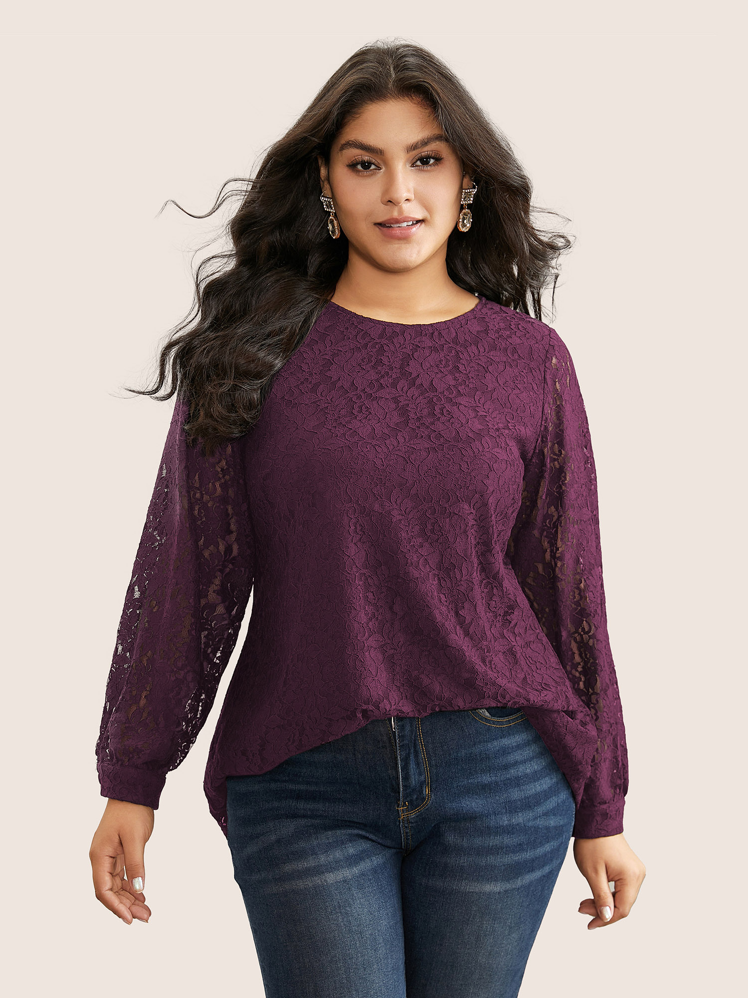 

Plus Size Purple Solid Crochet Lace Mesh Crew Neck Blouse Women Cocktail Long Sleeve Round Neck Party Blouses BloomChic