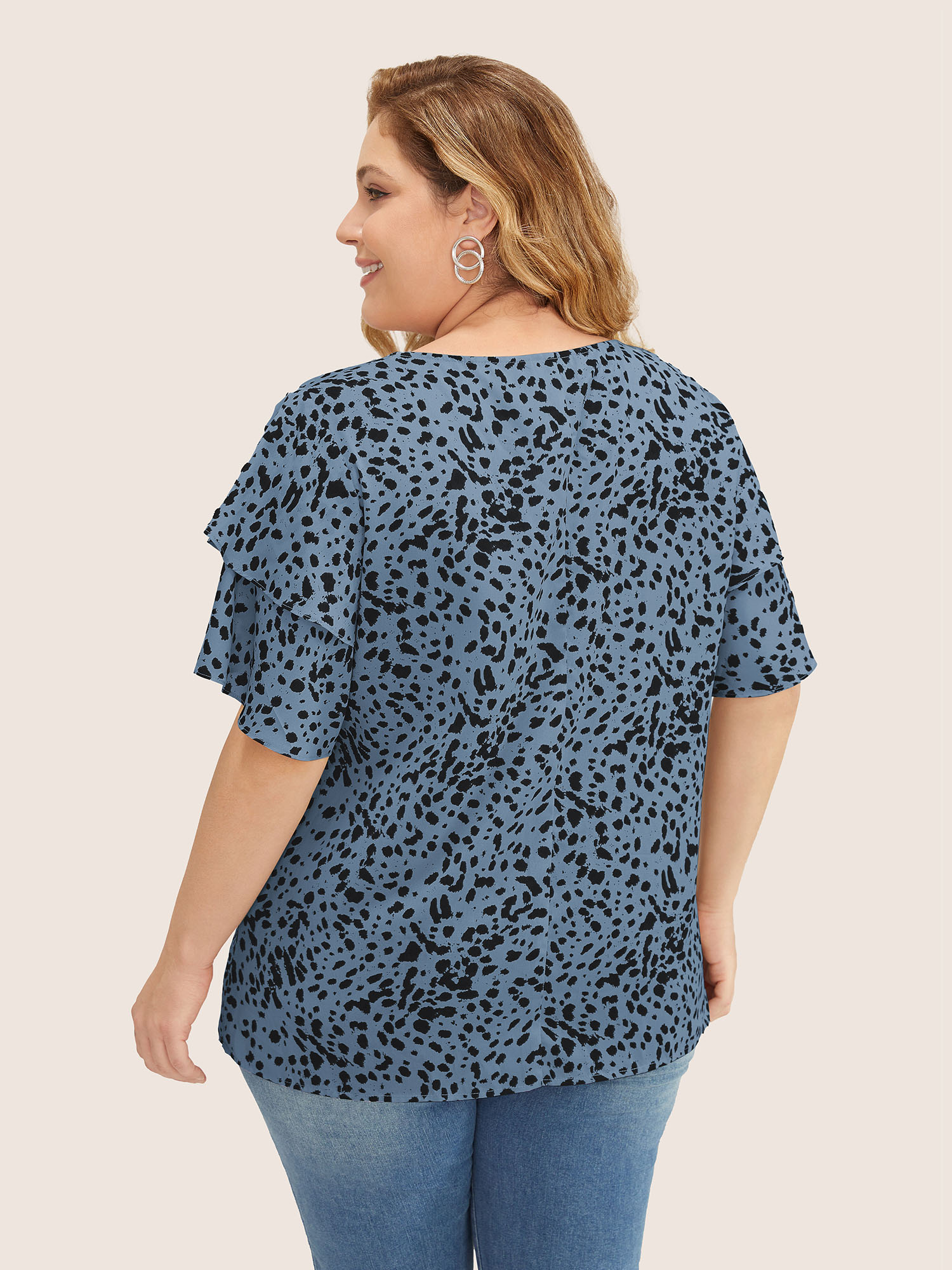 

Plus Size Stone Leopard Crew Neck Ruffle Tiered Sleeve Blouse Women Elegant Short sleeve Round Neck Everyday Blouses BloomChic