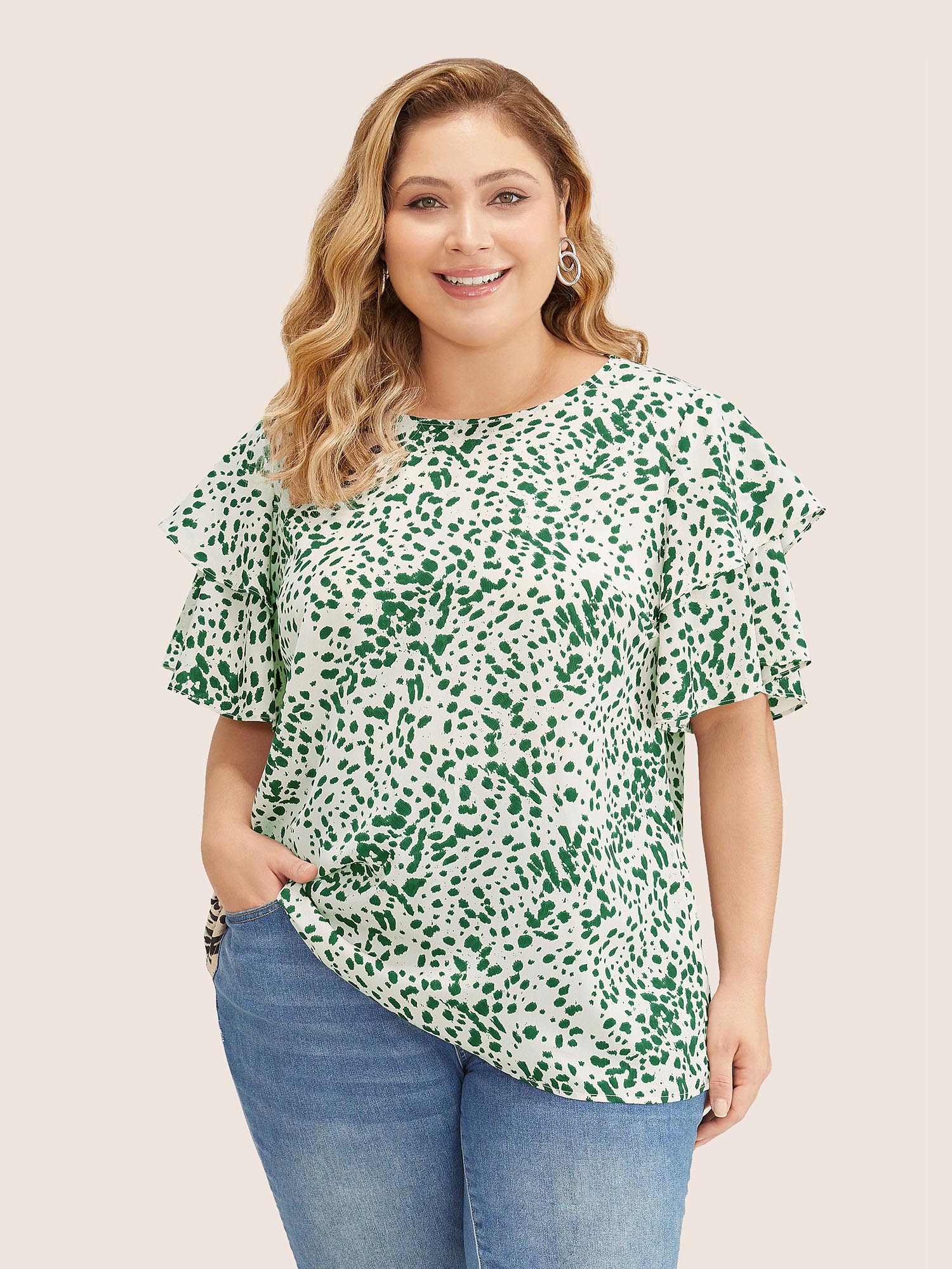 

Plus Size Emerald Leopard Crew Neck Ruffle Tiered Sleeve Blouse Women Elegant Short sleeve Round Neck Everyday Blouses BloomChic