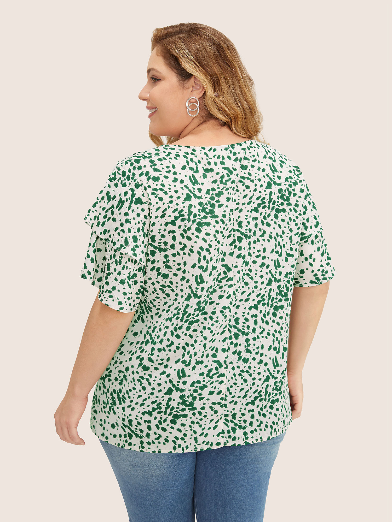 

Plus Size Emerald Leopard Crew Neck Ruffle Tiered Sleeve Blouse Women Elegant Short sleeve Round Neck Everyday Blouses BloomChic