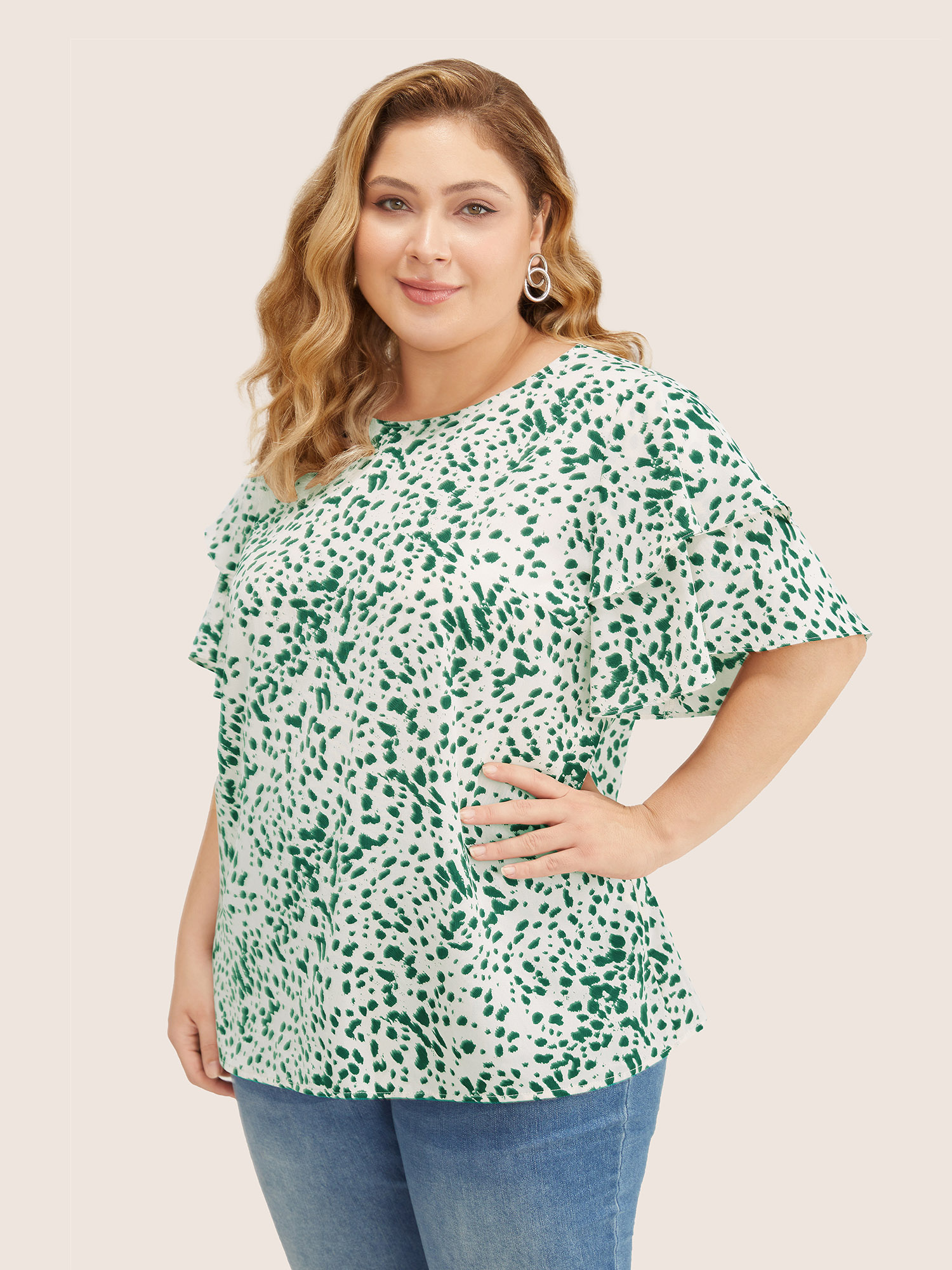 Plus Size Emerald Leopard Crew Neck Ruffle Tiered Sleeve Blouse Women Elegant Short sleeve Round Neck Everyday Blouses BloomChic 22-24/3X 