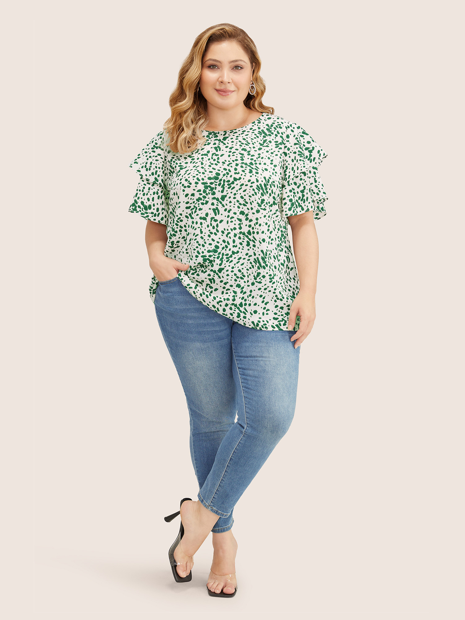 Plus Size Emerald Leopard Crew Neck Ruffle Tiered Sleeve Blouse Women Elegant Short sleeve Round Neck Everyday Blouses BloomChic 22-24/3X 