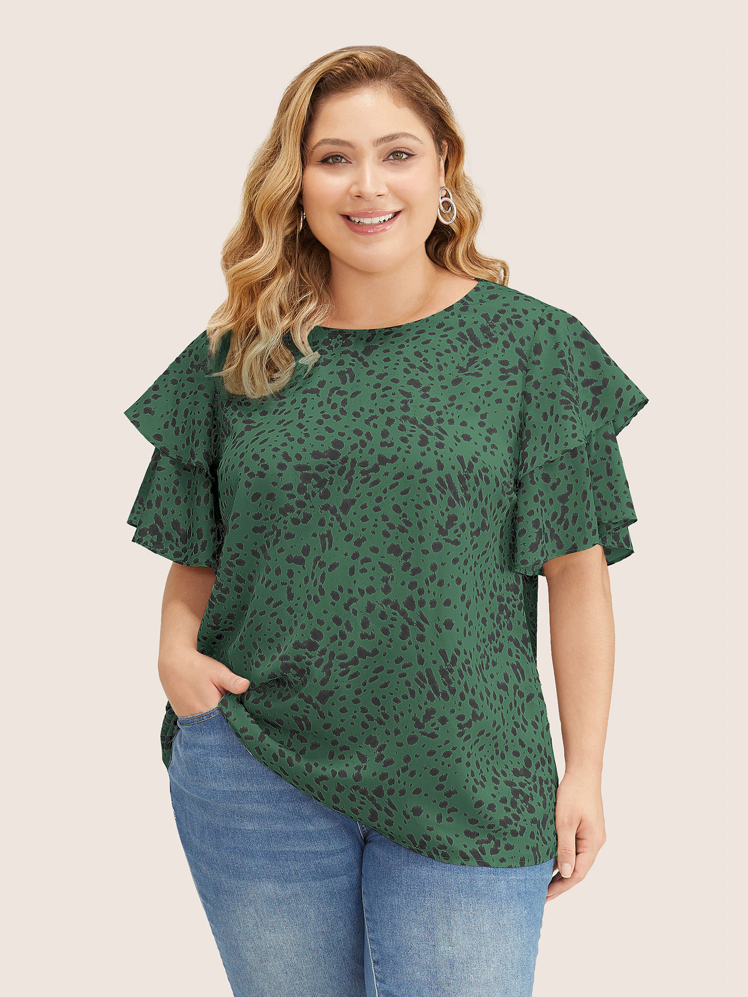 

Plus Size Green Leopard Crew Neck Ruffle Tiered Sleeve Blouse Women Elegant Short sleeve Round Neck Everyday Blouses BloomChic