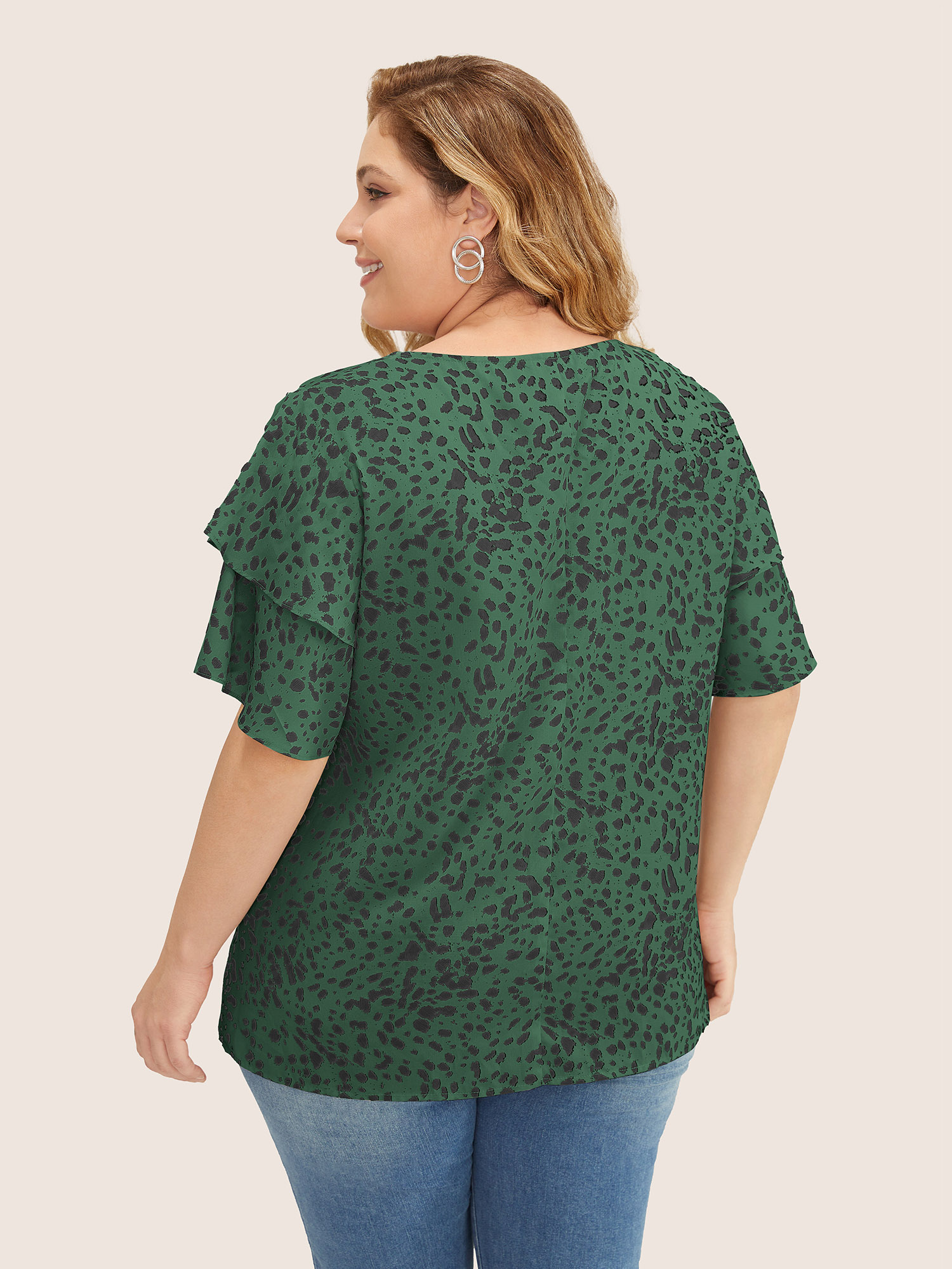 

Plus Size Green Leopard Crew Neck Ruffle Tiered Sleeve Blouse Women Elegant Short sleeve Round Neck Everyday Blouses BloomChic