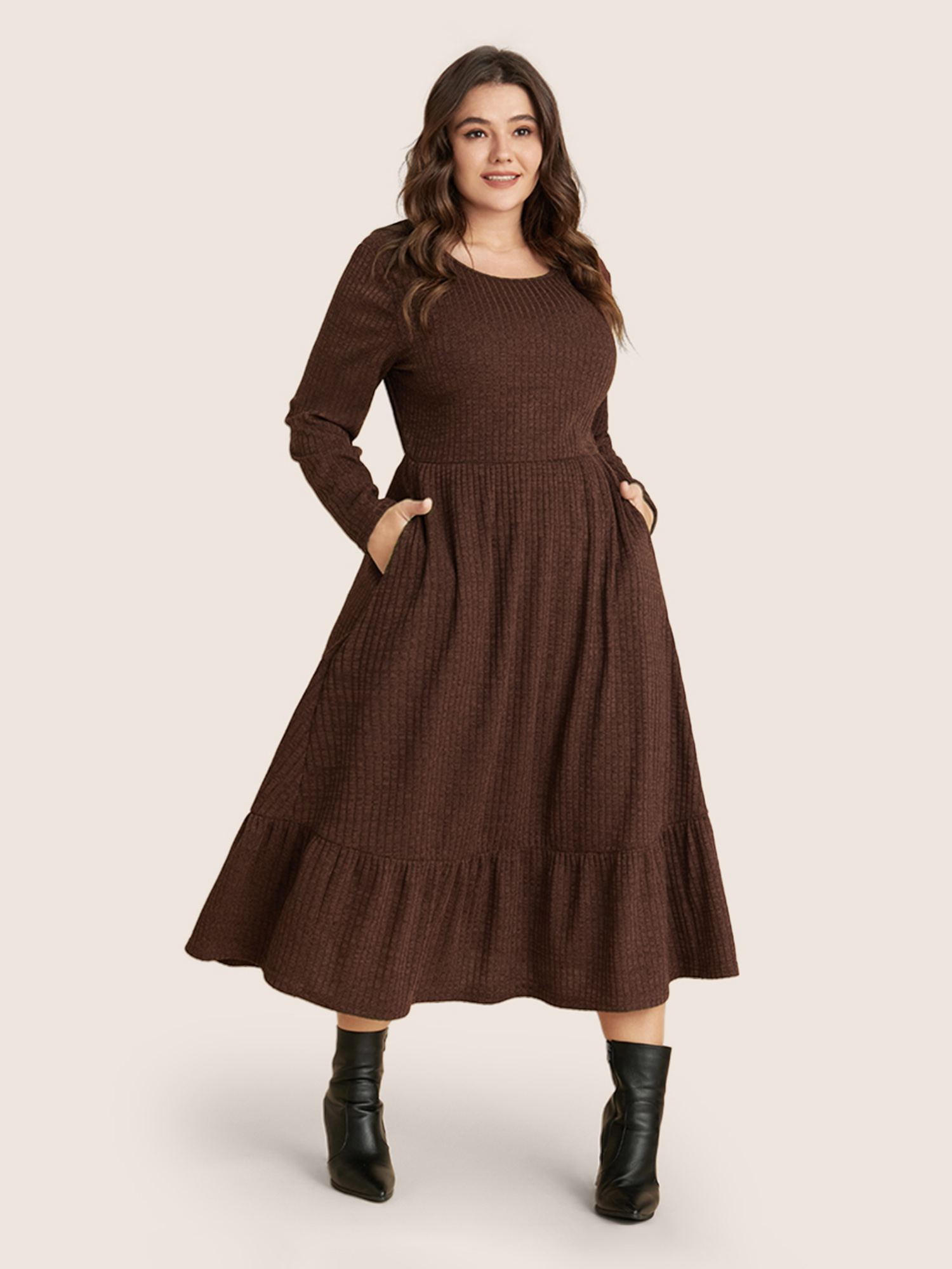 

Plus Size Solid Pocket Rib Knit Ruffle Hem Dress Without Belt Chocolate Women Basics Non Round Neck Long Sleeve Curvy Midi Dress BloomChic