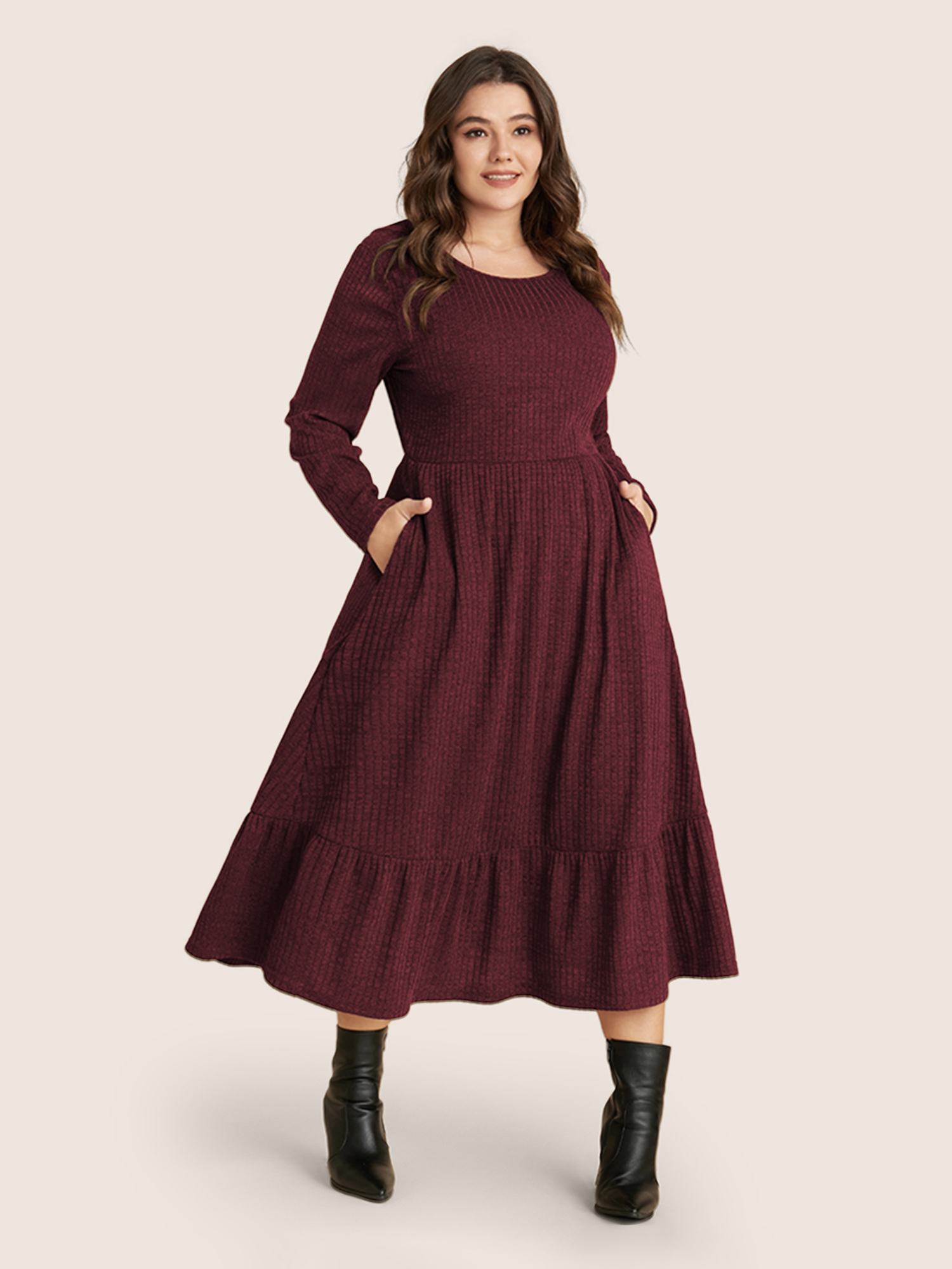 

Plus Size Solid Pocket Rib Knit Ruffle Hem Dress Without Belt Burgundy Women Basics Non Round Neck Long Sleeve Curvy Midi Dress BloomChic